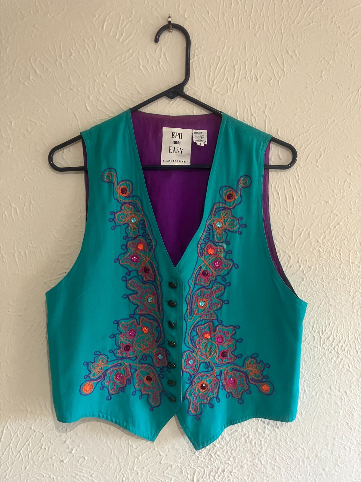 VINTAGE ELEANOR BRENNER EPB EASY WOMENS SMALL 100% SILK EMBROIDERED & LINED VEST