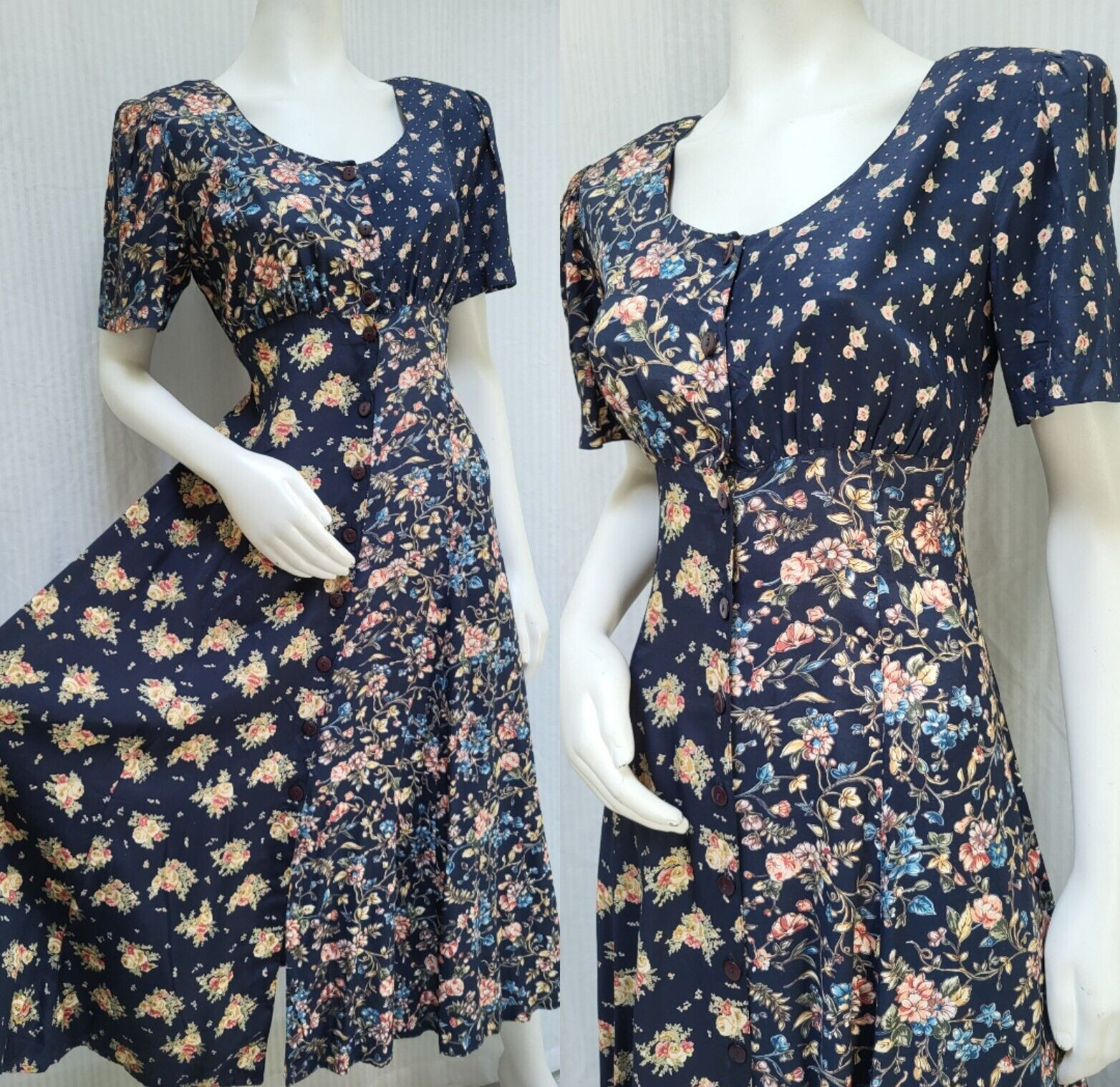 Vintage 1980’s DAWN JOY Floral Print Rayon Button Front Midi DRESS – S/M -EUC