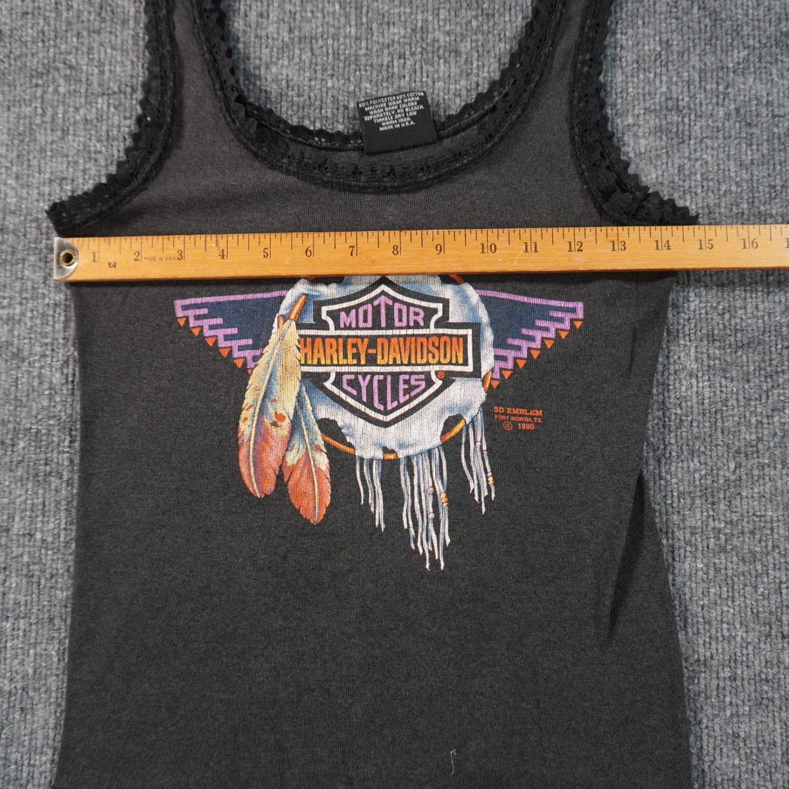 Harley-Davidson Tank Top Womens S Black 1990 3D Emblem Dreamcatcher Lace Trim