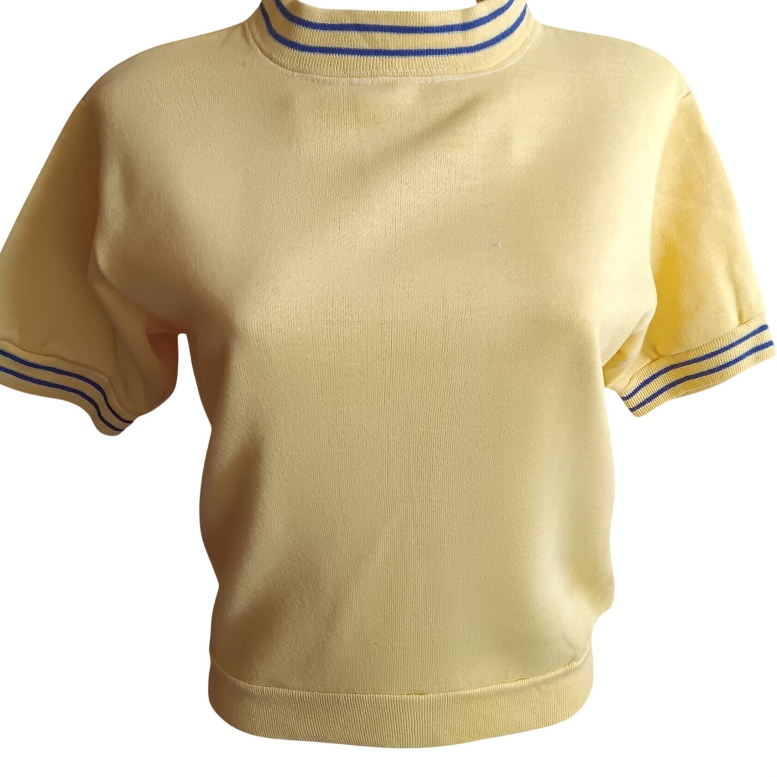True Vintage Creslan Sweatshirt Medium Yellow Pullover Top Ringer Striped 1970s