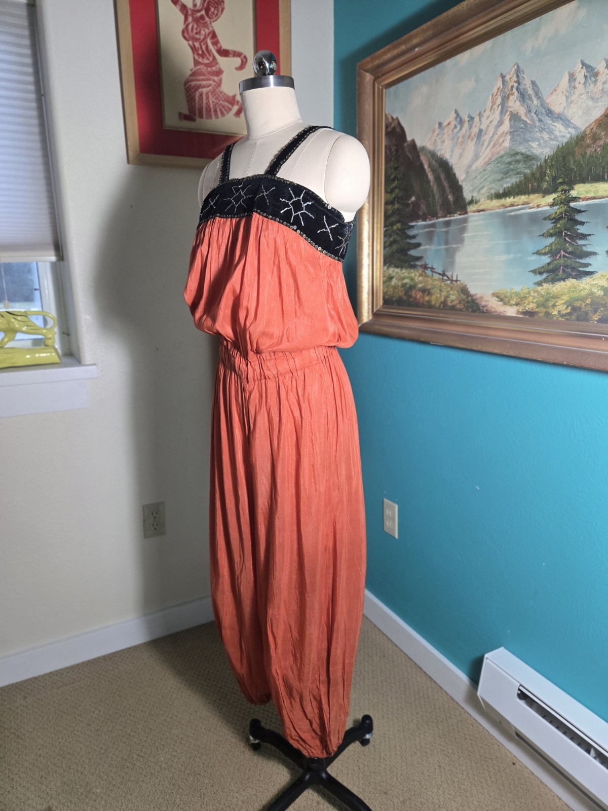 Vtg 1920s 1930s Orange Cotton/Silk Beach Pajamas Romper Velvet Sequin