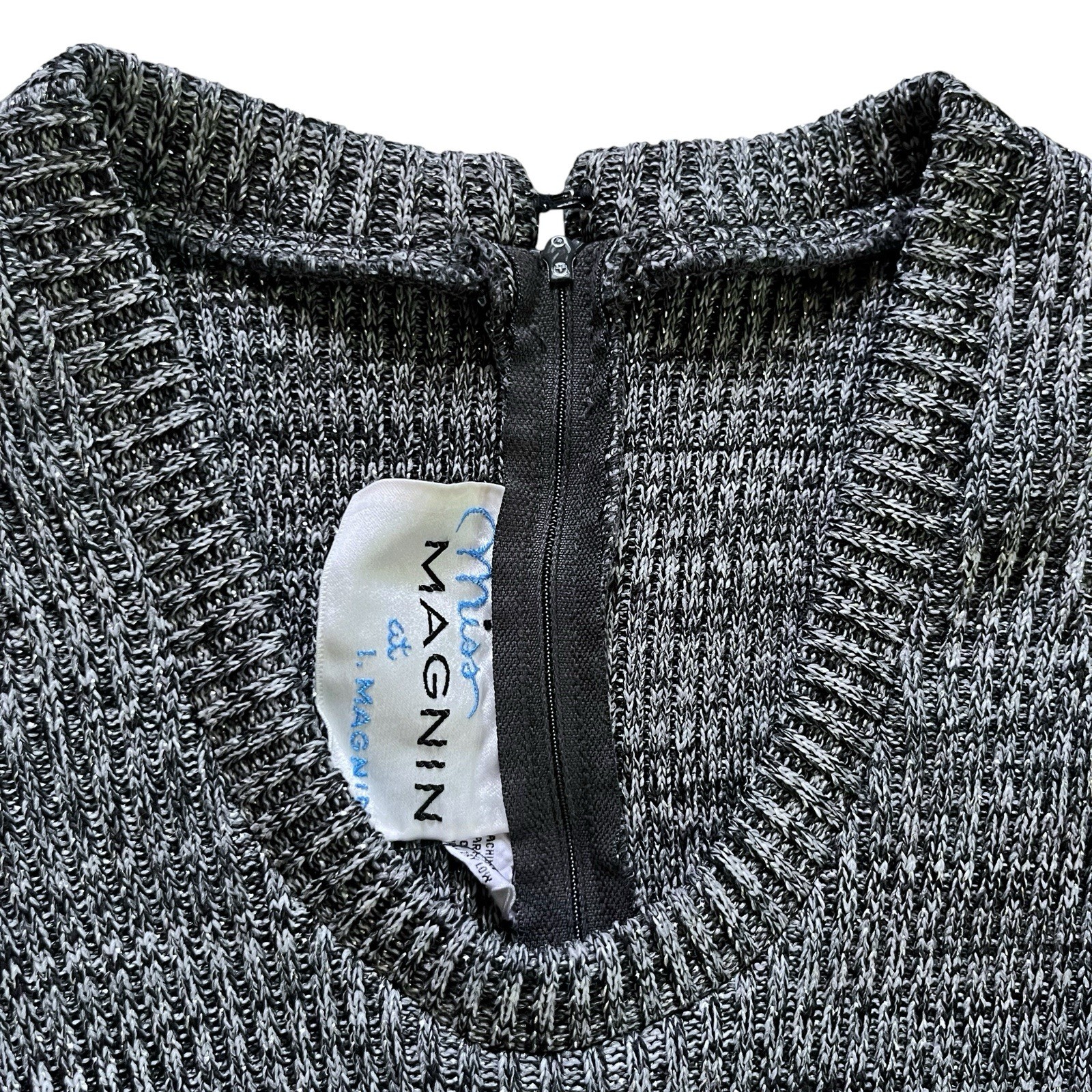 60s Vintage Black Silver Gray Ribbed Sweater Vest Pinafore Dress by Miss Magnin