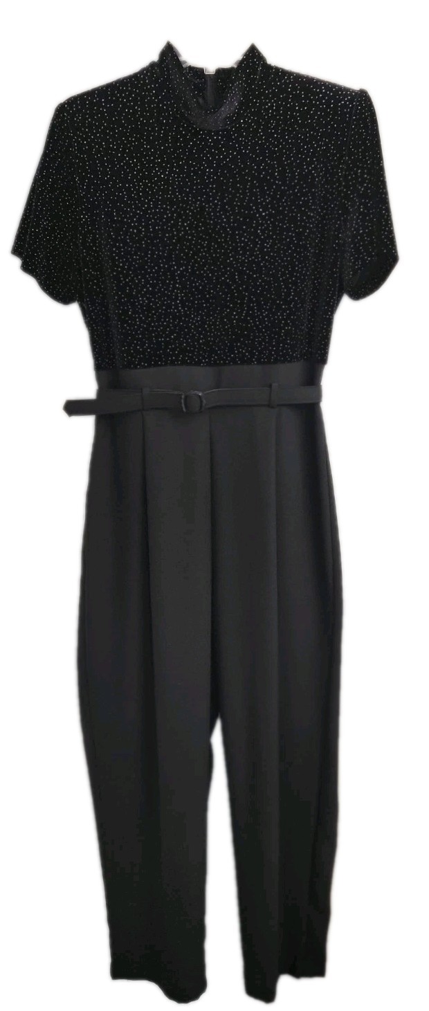 Vtg Jumpsuit Sz 12 Black Velvet Silver Bedazzled Top/ USA John Roberts 80’s