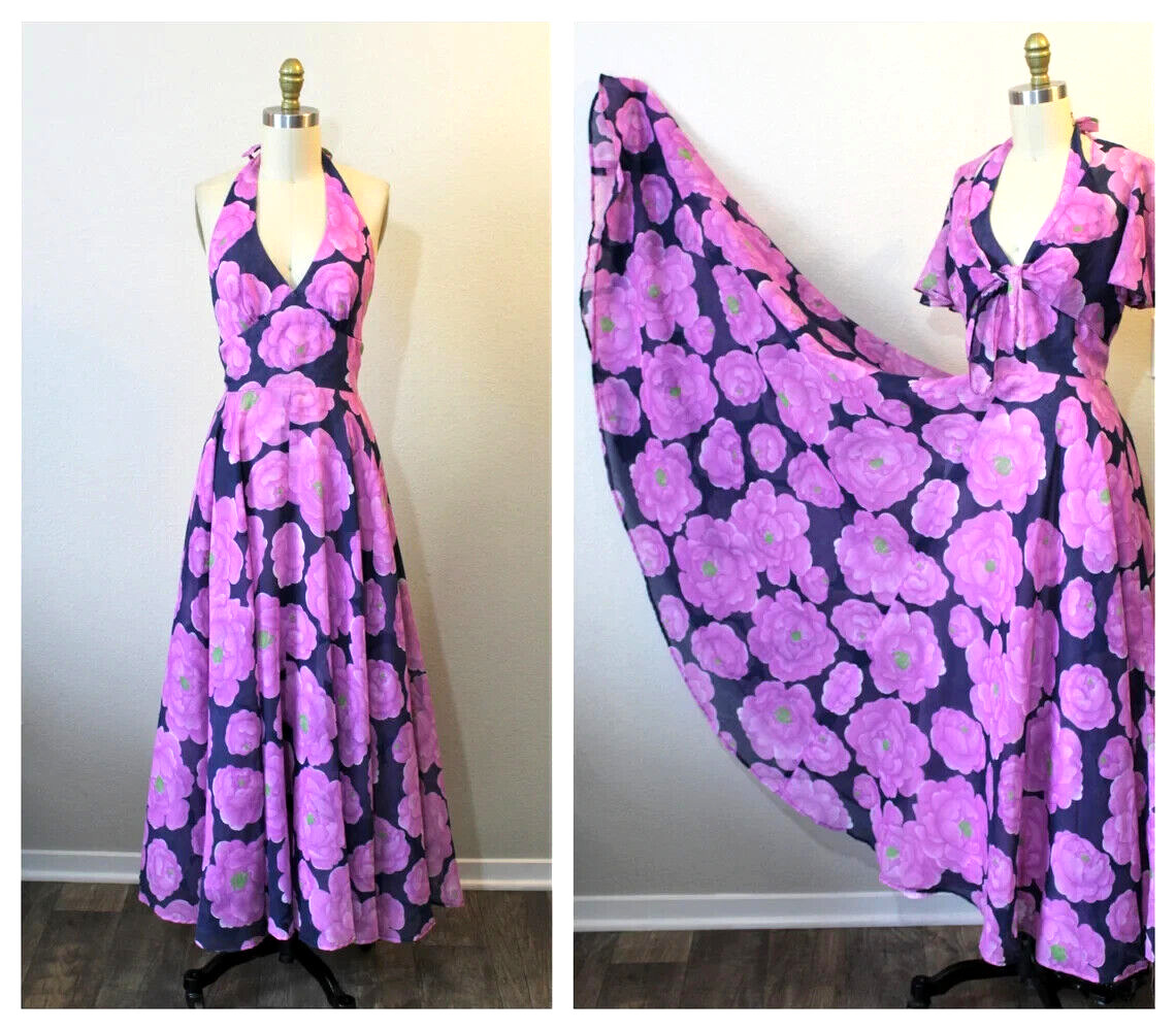 VTG 70’s floral voile halter dress full sweep skirt and matching jacket
