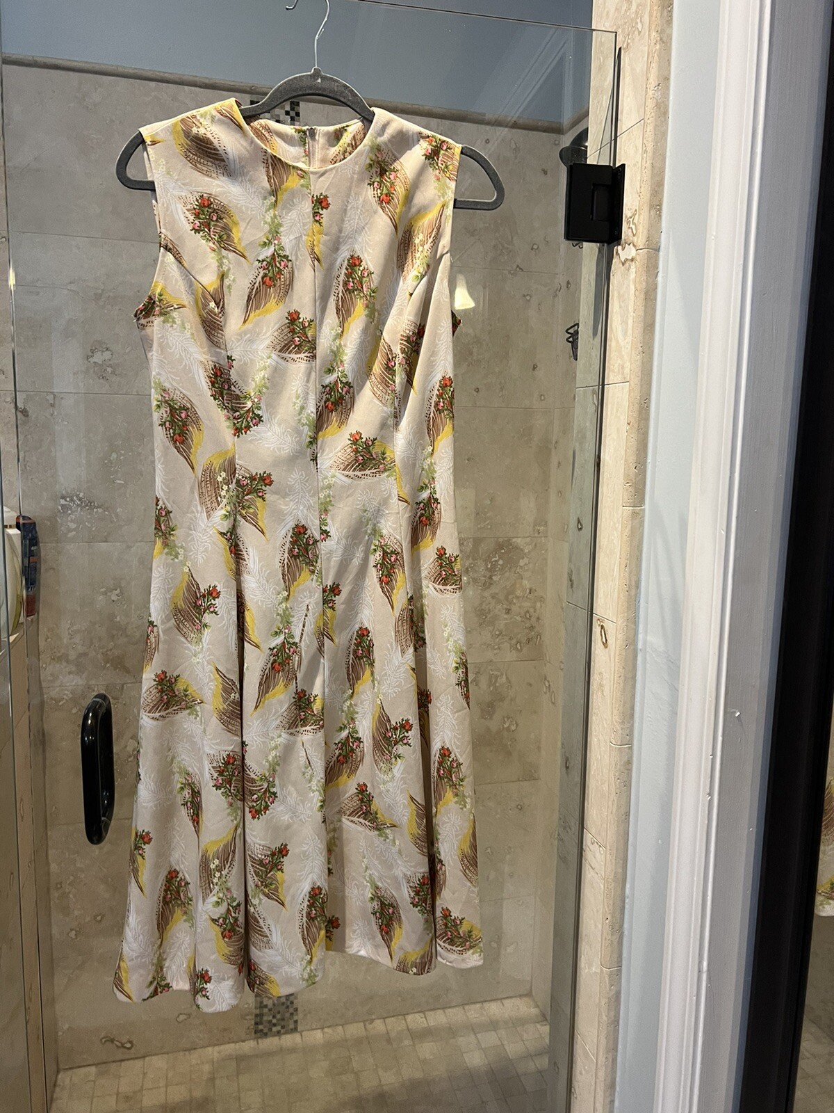 Vintage 70s Sears Tan Pink Floral Print Wheat Brown Midi Dress S M