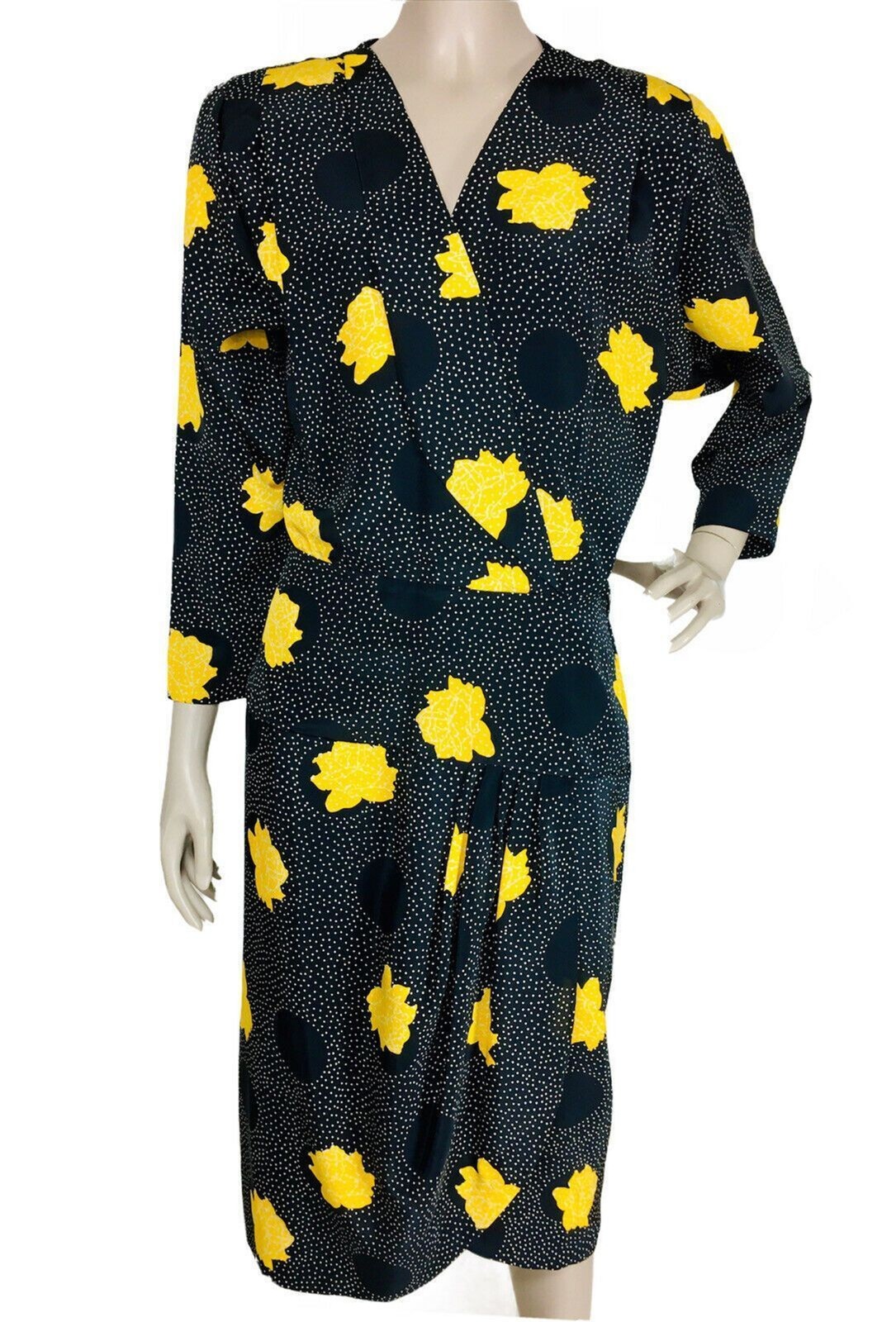 Vintage 60s 70s Black Yellow Floral Circle Polka Dot Surplice Sheath Dress S.M