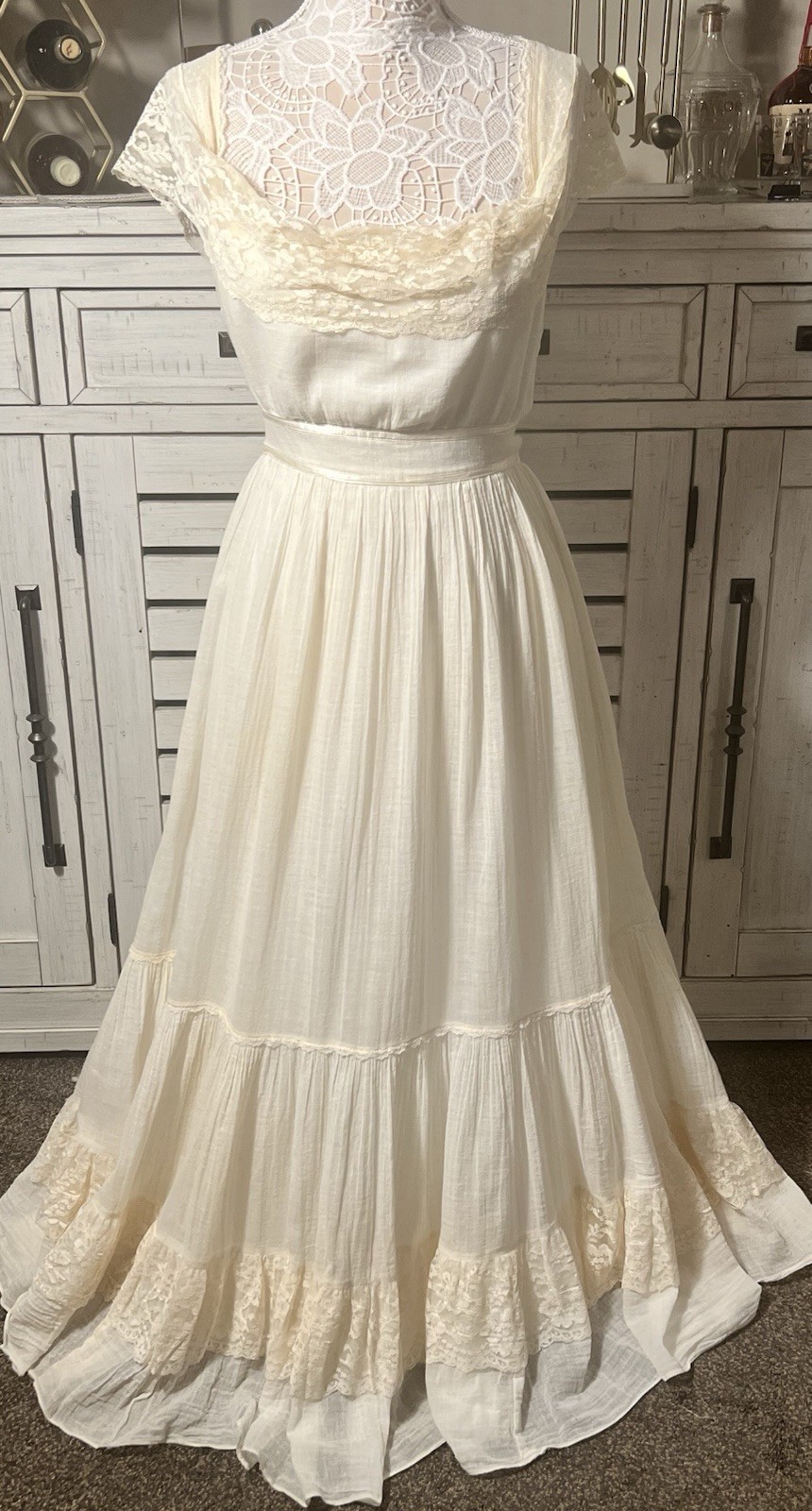 RARE Vintage 70s Gunne Sax By Jessica Edwardian/Bohemian Prairie Gown Lace Cream