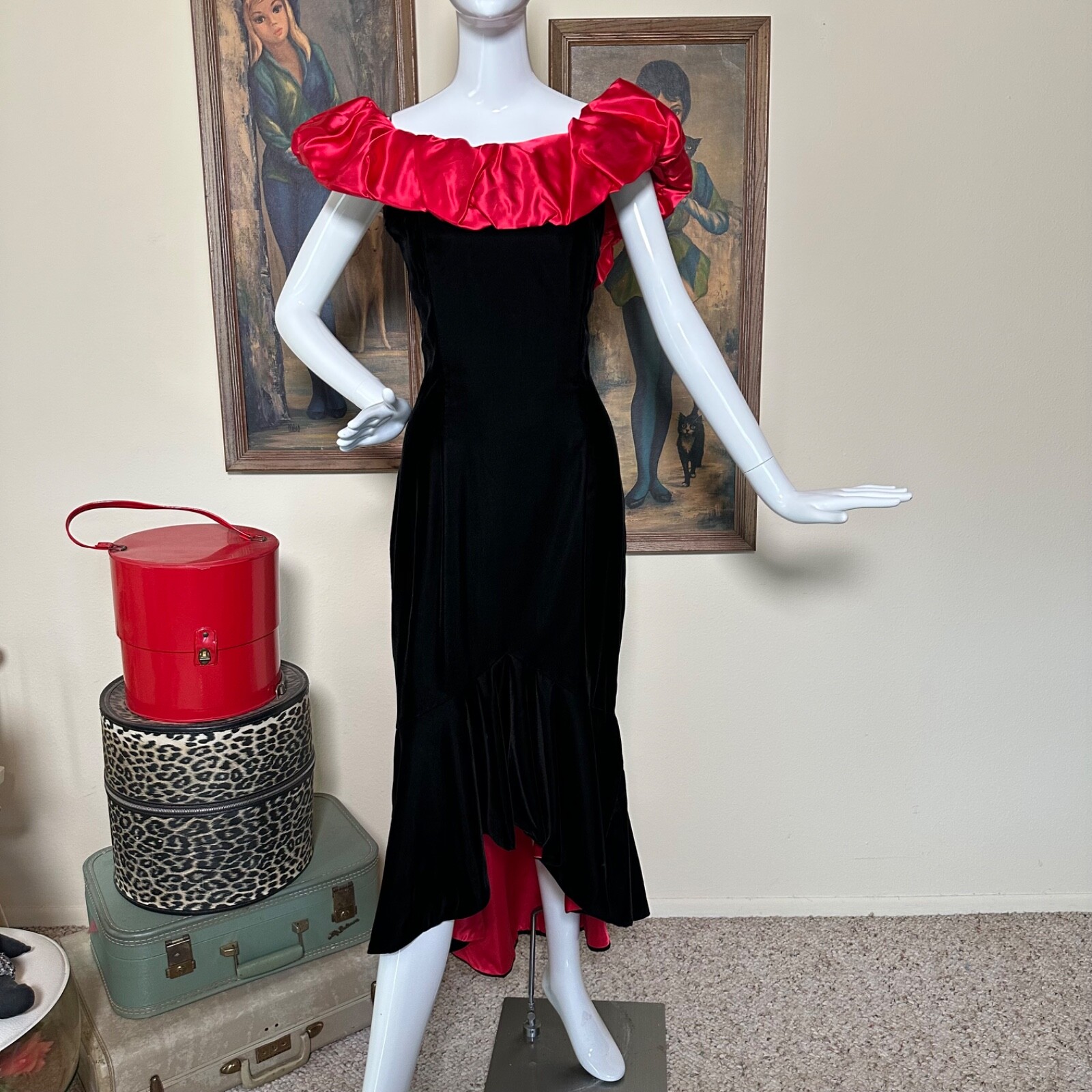 Vintage 80s Jessica McClintock Vampy Satin & Velvet Mermaid Party Prom Dress M/L