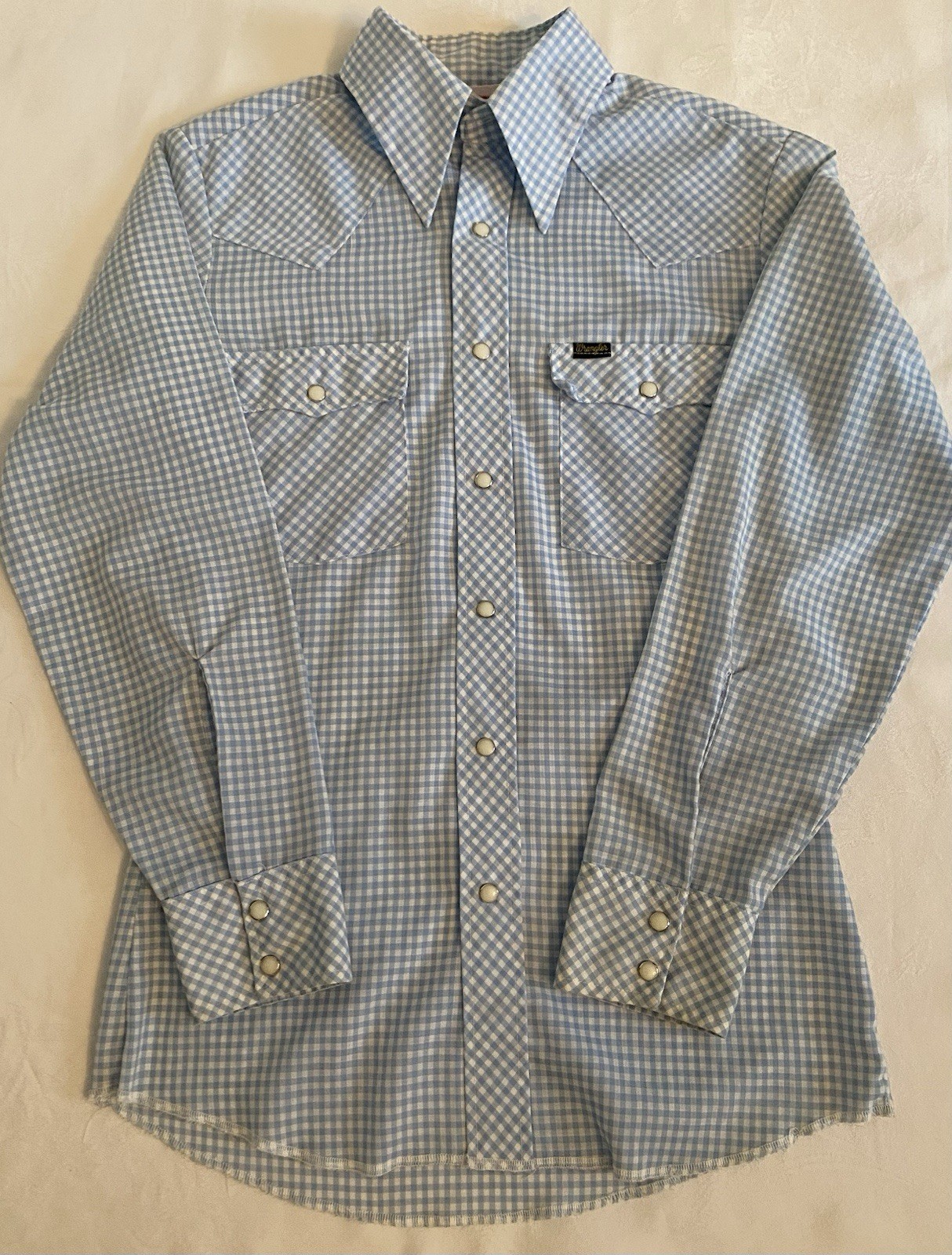 Vintage Wrangler Pearl Snap Western Shirt Womens Blue Gingham Size S Made In USA