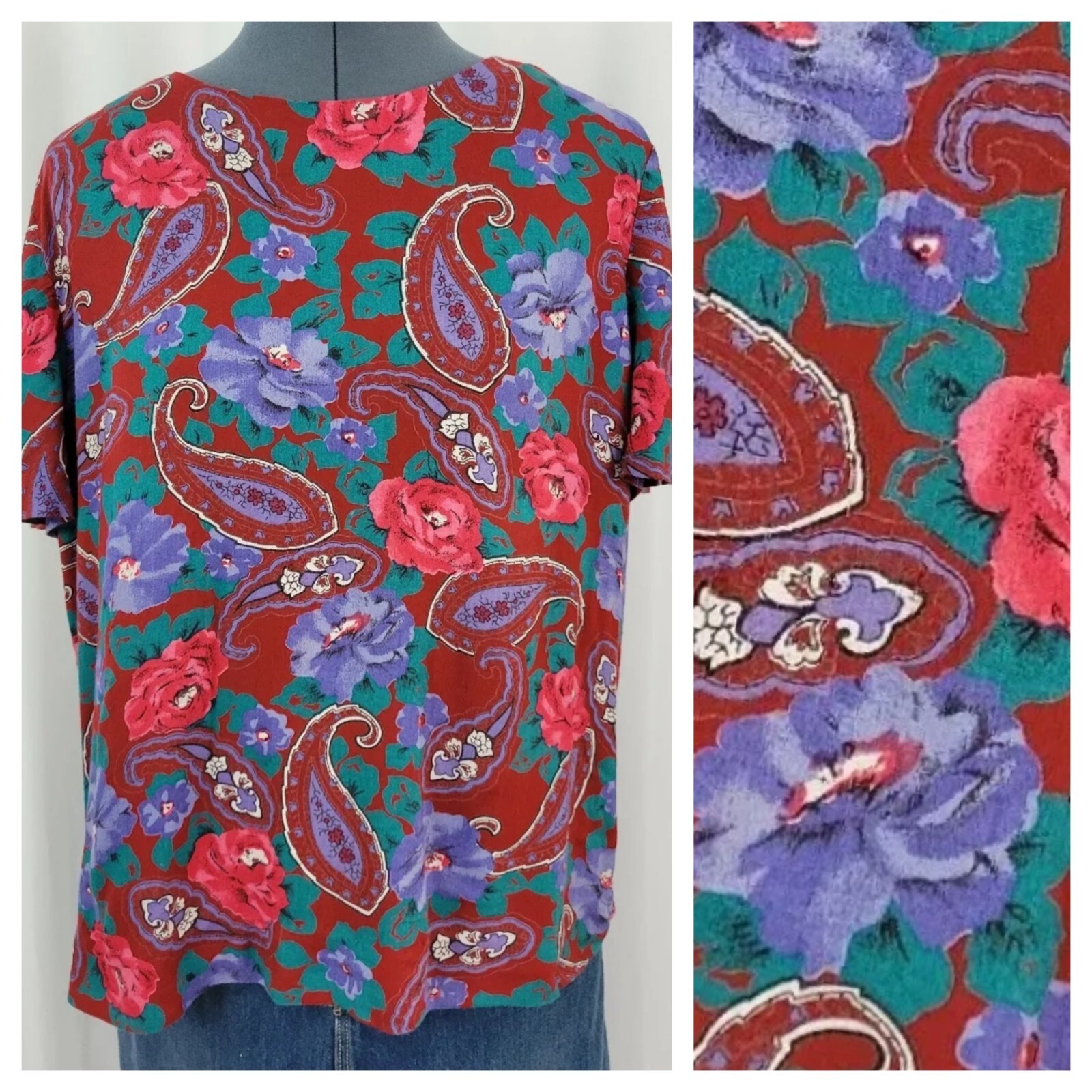 Vintage Burgundy S/S Blouse with Red/Purp/Teal Florals & Paisley Size XL?