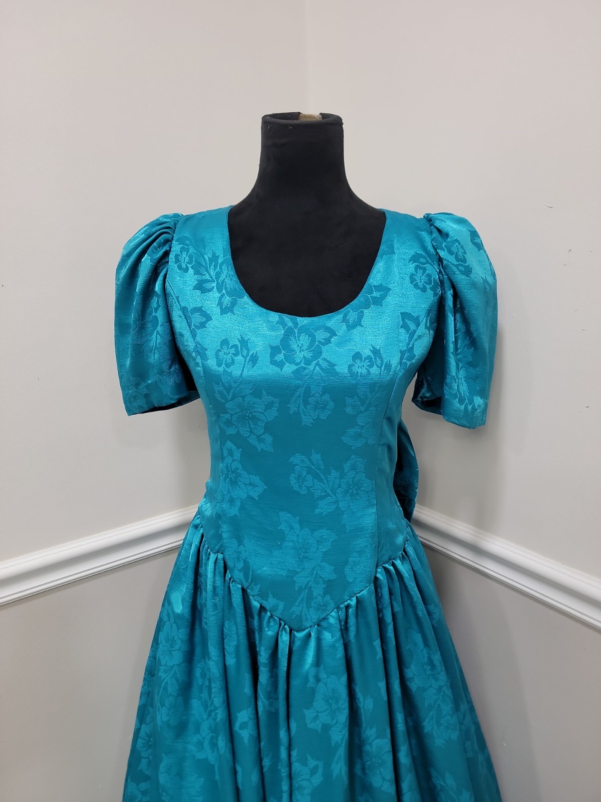 VTG 80s Emerald Satin Ball Gown Puff Sleeve Prom Formal Evening Dress Bow #1