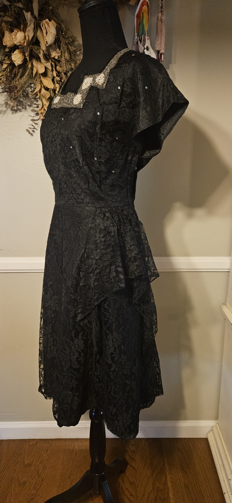 Vintage 1940s Black Lace Party Dress With Heavy Beading On Neckline