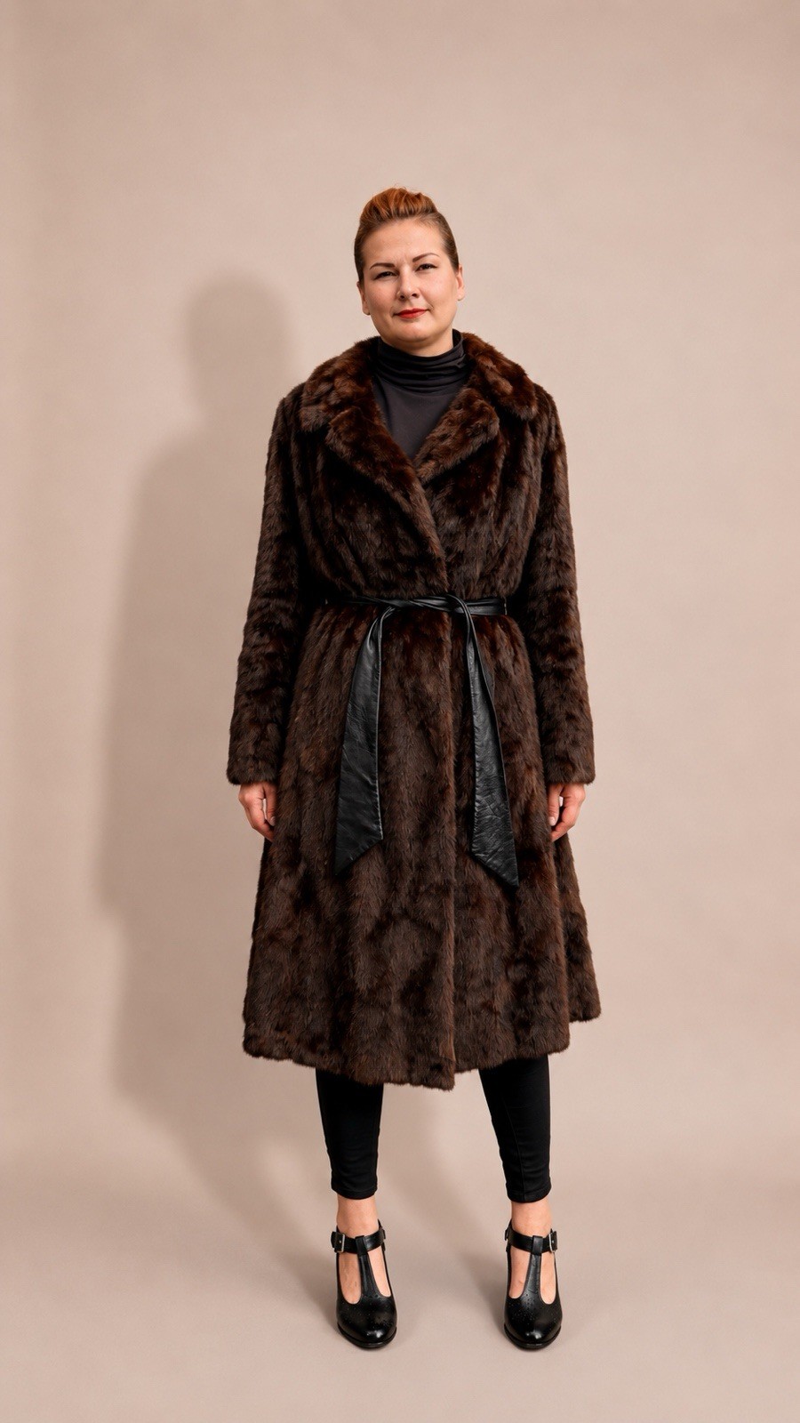Vintage Full-Length Pieced Ranch Mink Fur Coat Massive Sweep Leather Belt Lux