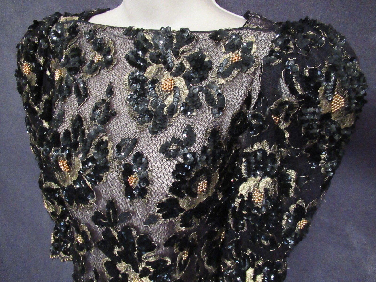 Vintage Digna Yero Black Gold Metallic Sequin Lace Bead Backless Formal Dress 8