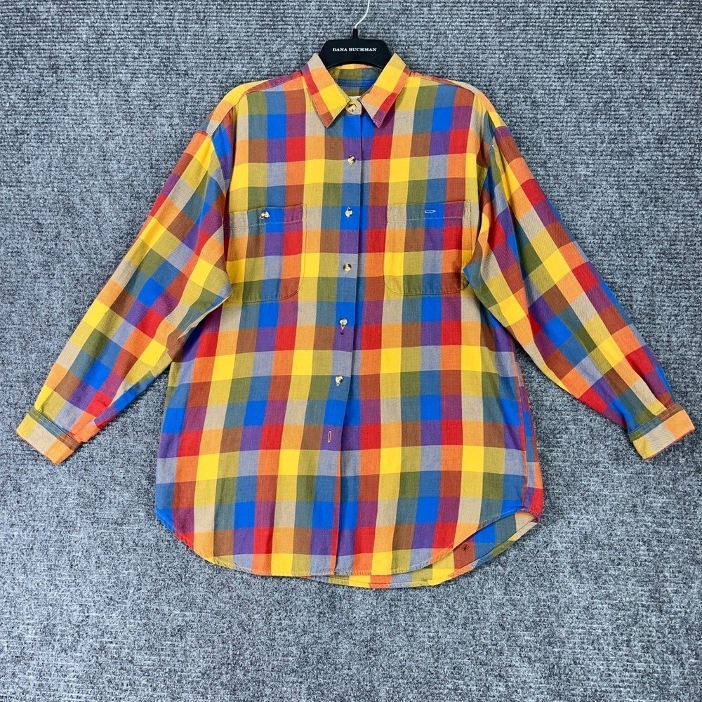 Theo Shirt Women M Vintage 90s Made In Korea Oversized Plaid Chest Pockets Woven