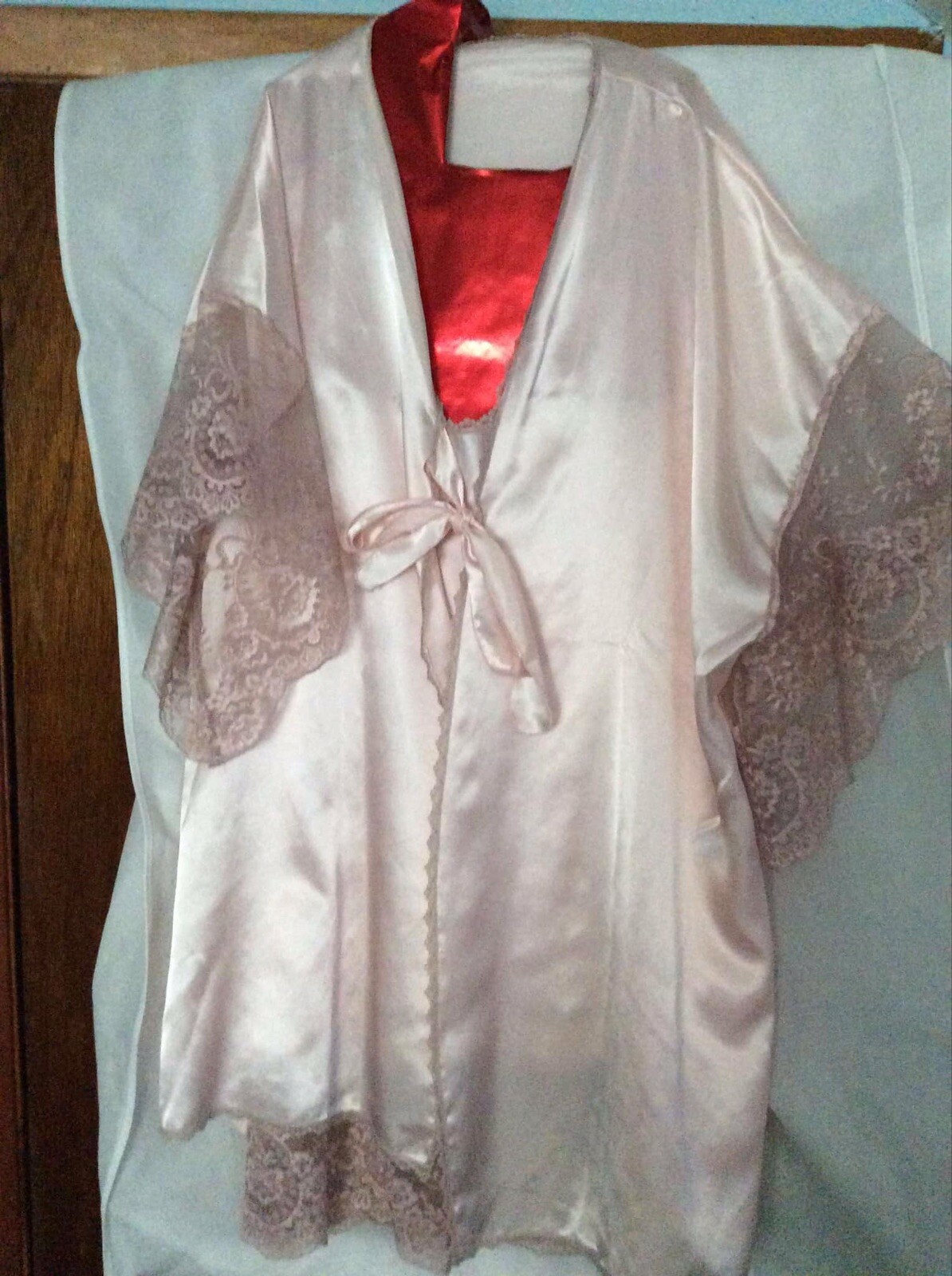 Vintage Large Lady Cameo Chemise Nighty Slip Dress Silky Pink Wide Lace OS Robe