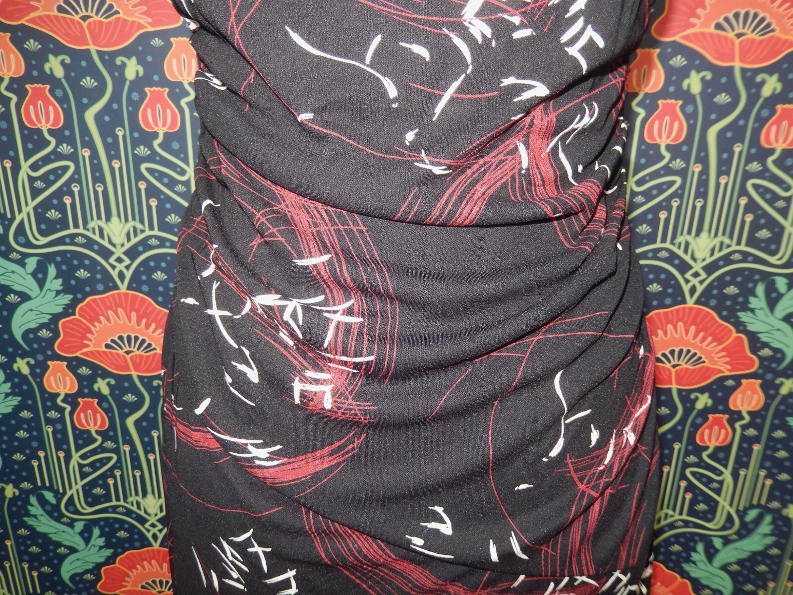 Vintage 90’s Y2K Red Black Cowl Neck SATC Japanese Print Slip Carrie Dress