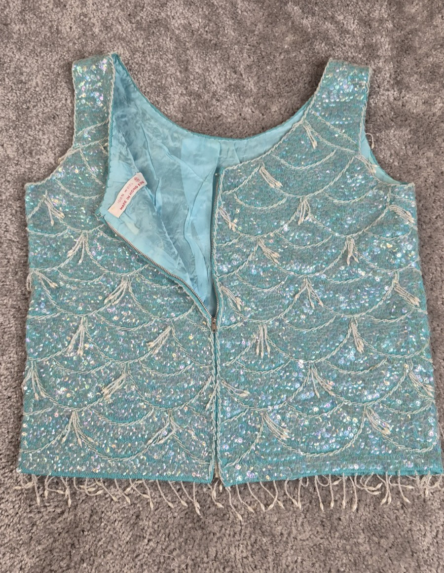 VTG Handmade Wool Sequin Top Womens 34 P2P Aqua Sweater White Beads Fringe