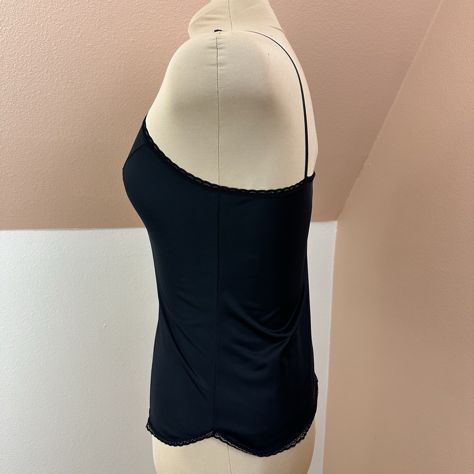Vintage 90s Y2K Vanity Fair Black Nylon Lace Trim Camisole Made in USA Sz Medium