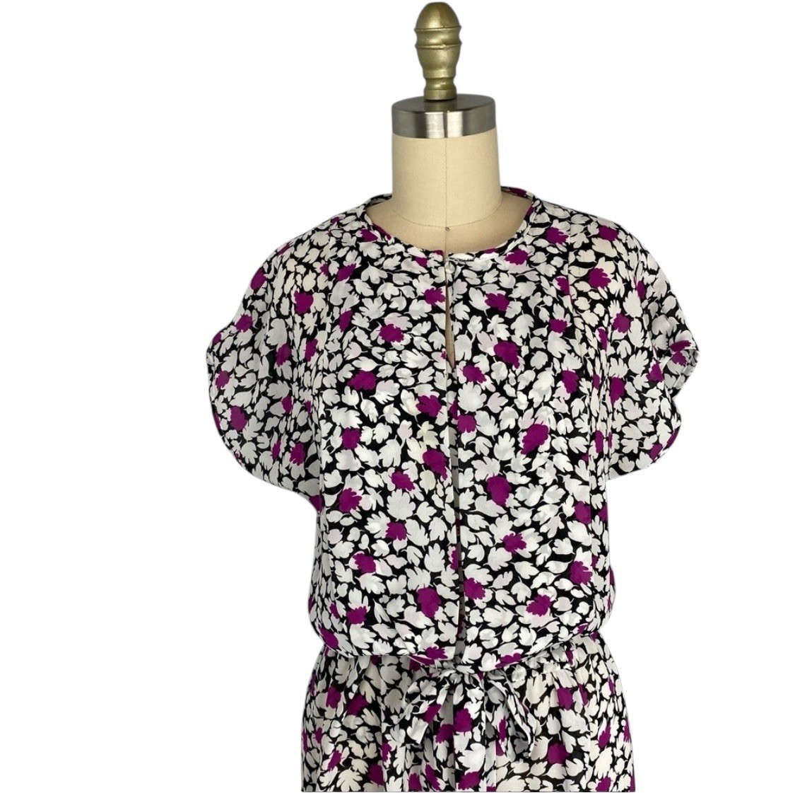 Vintage Darian Floral Dress Black White Purple Midi Short Sleeve Size LARGE