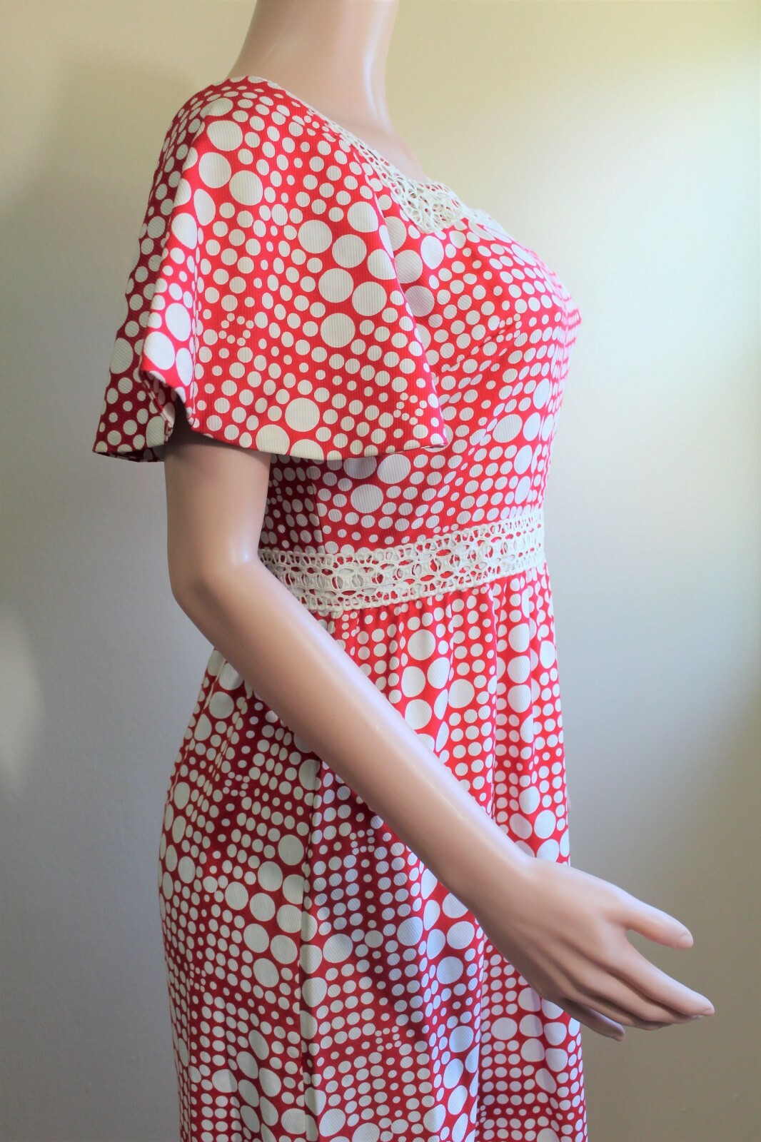 M Vintage 70s Maxi Prom Dress A Line Red White Polka Dot SS Puritan Juniors