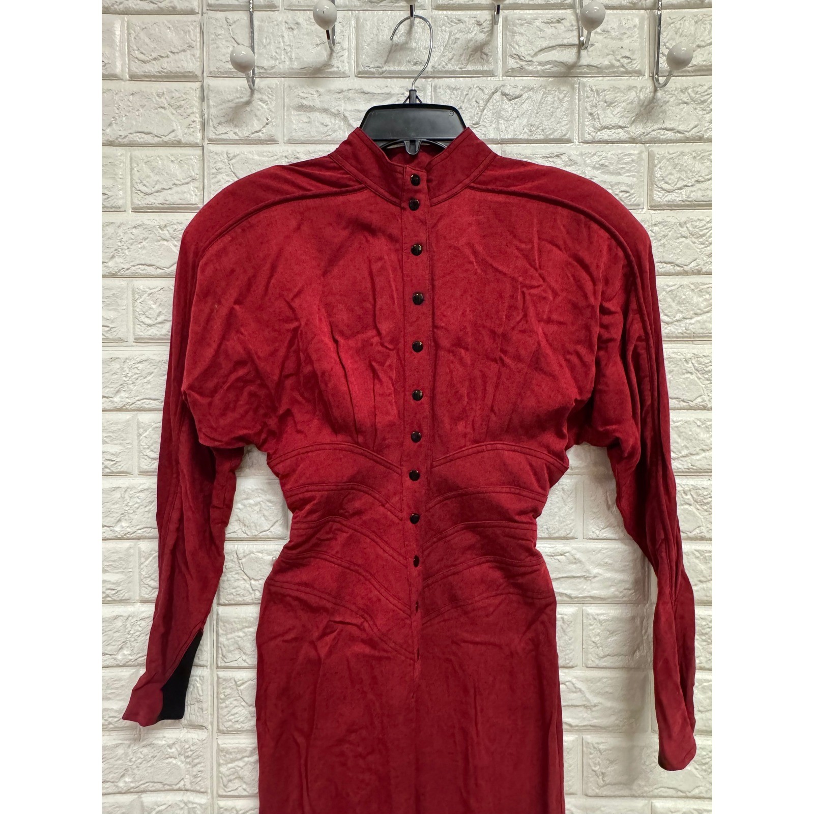 Vintage IIF Red Rayon Button Front Mock Neck Power Shoulder Midi Dress Size 4