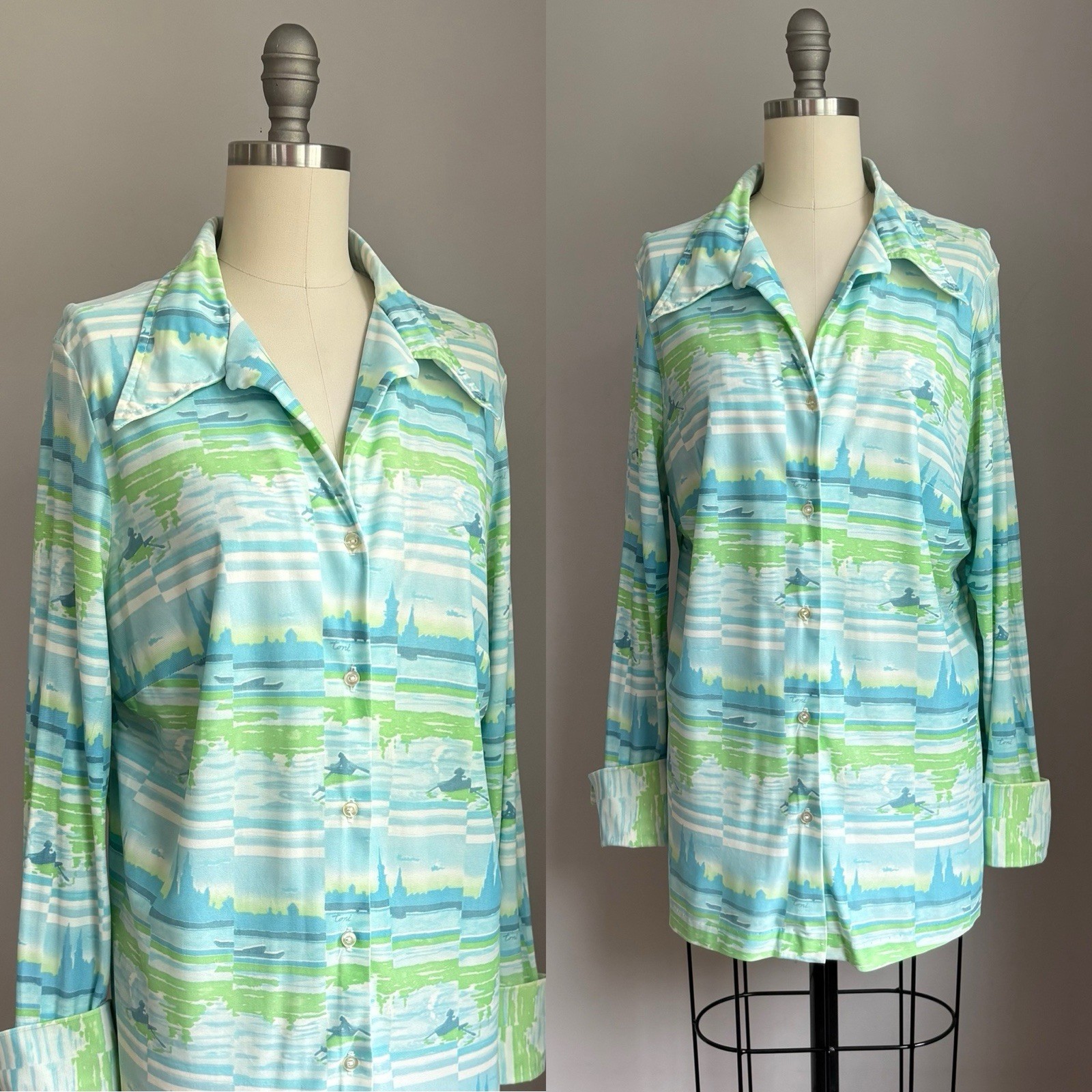 Vintage 1970’s Toni Row Boat Cityscape Print Dagger Collar Button Down Shirt L