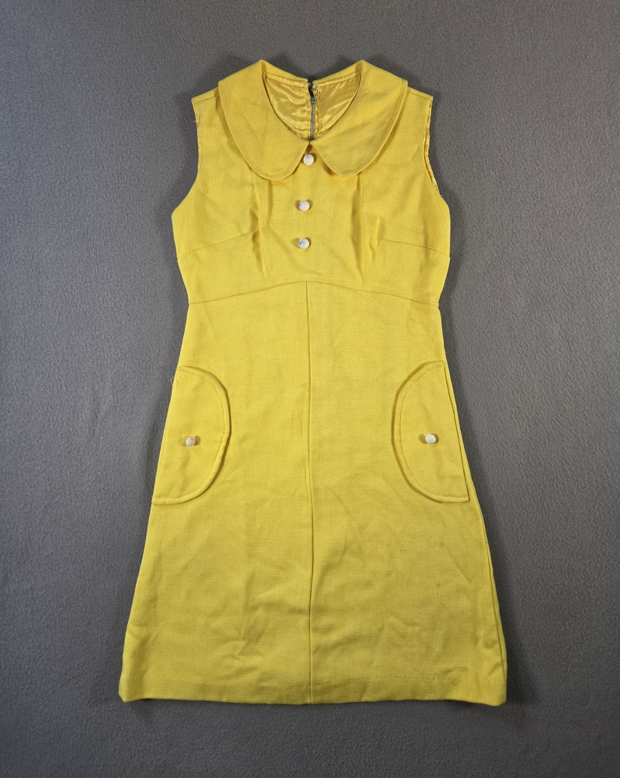 Vintage 60s Dress Womens Small Yellow Mini Peter Pan Mod Shift Sleeveless