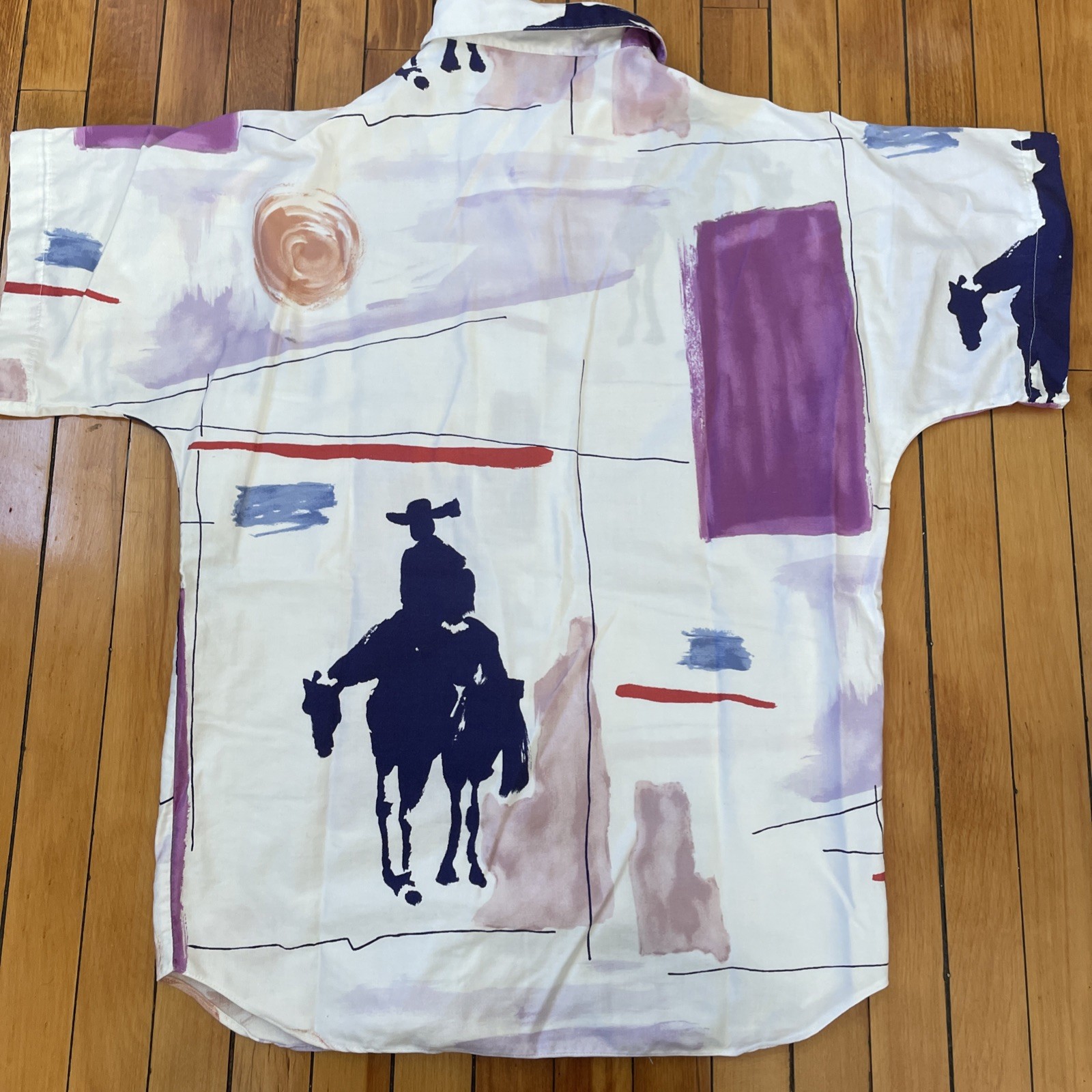 Vtg 80s Stuart Lang Button Up Abstract Art Deco Horse Cowboy Western Sz 6 L