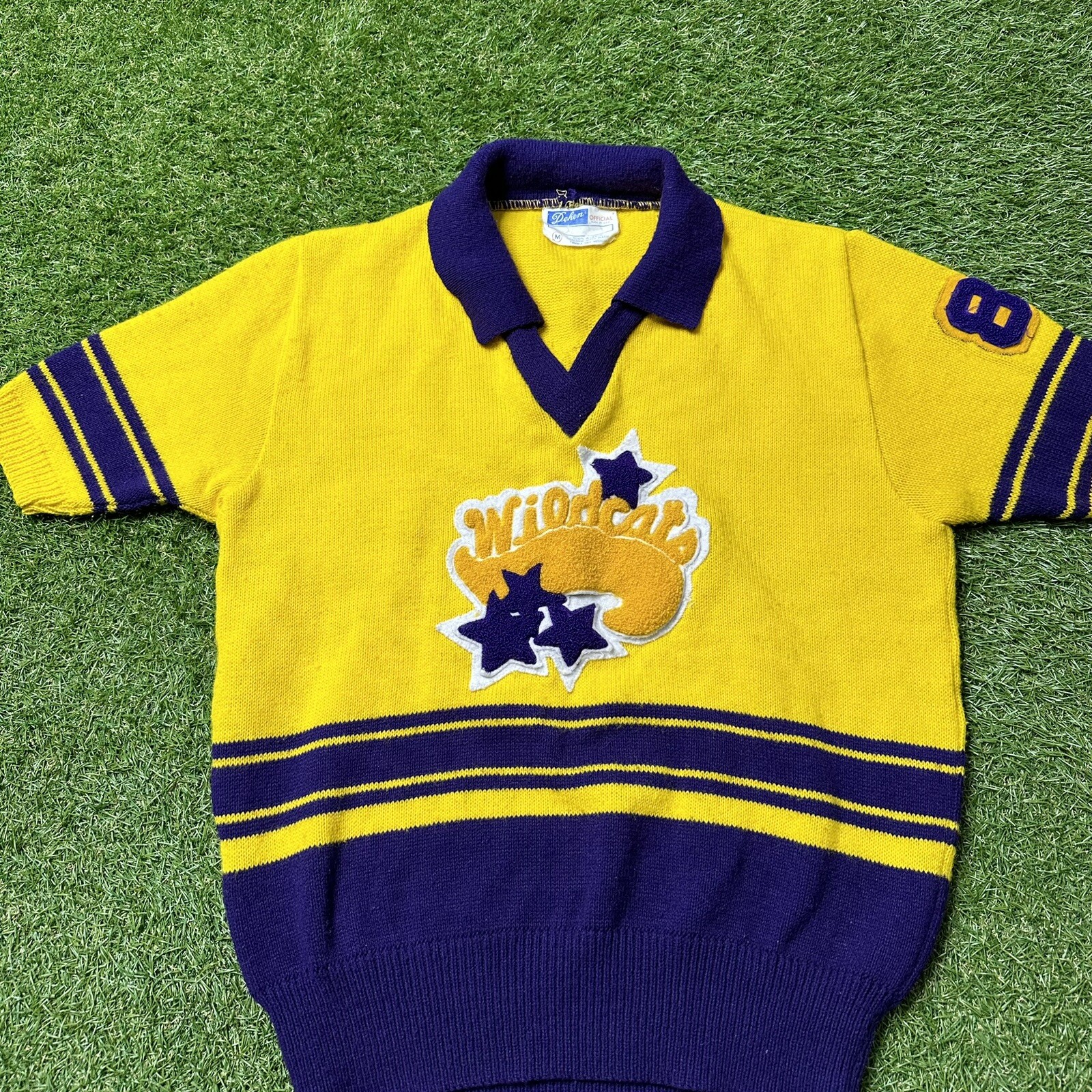 Vtg Dehen Varsity Wildcats “Joni”Cheerleader Acrylic Purple Yellow Retro Patches