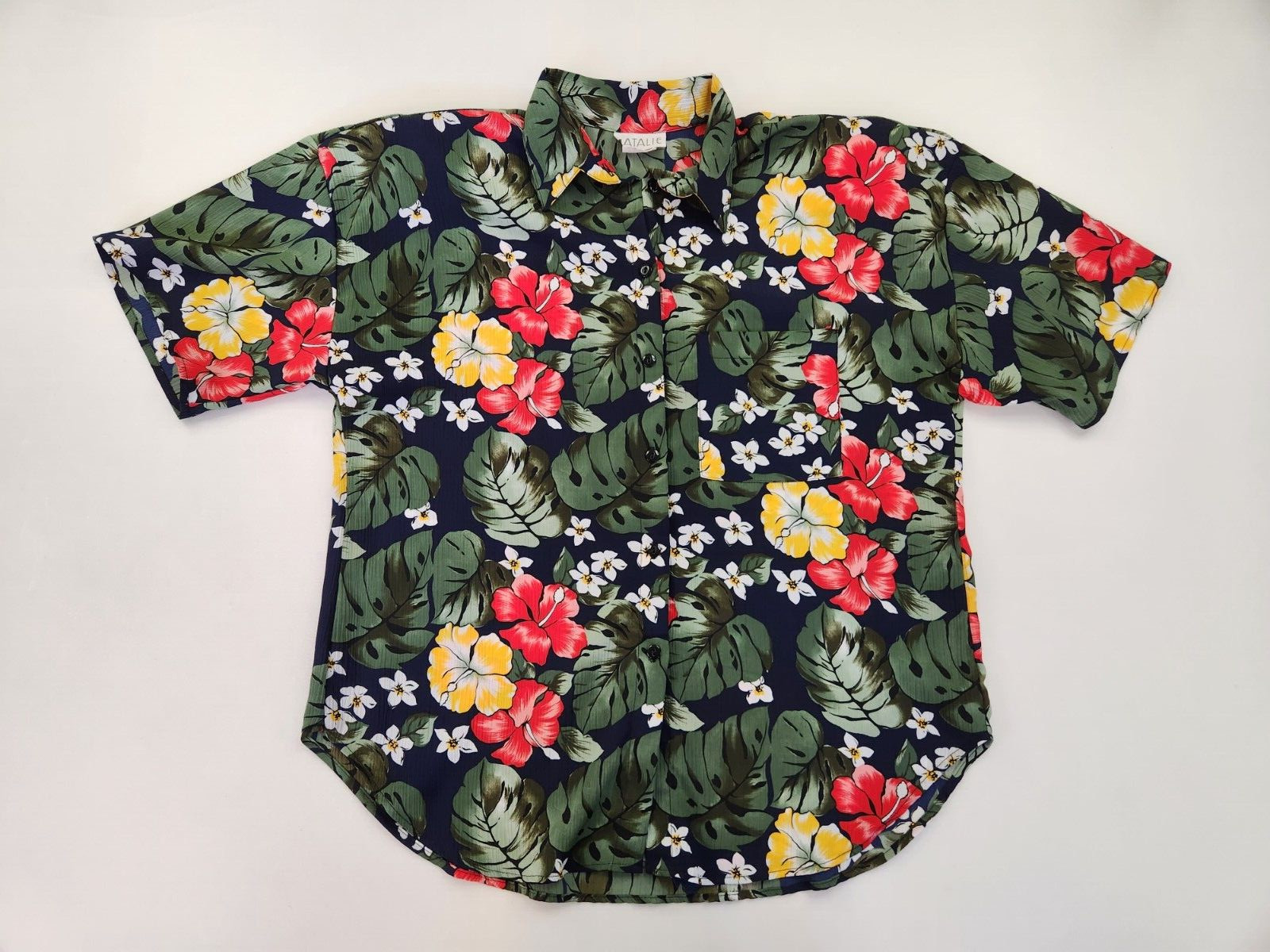 Natalie Women L Vtg Floral Tropical Button Up shoulder Pads Hawaiian Monstera