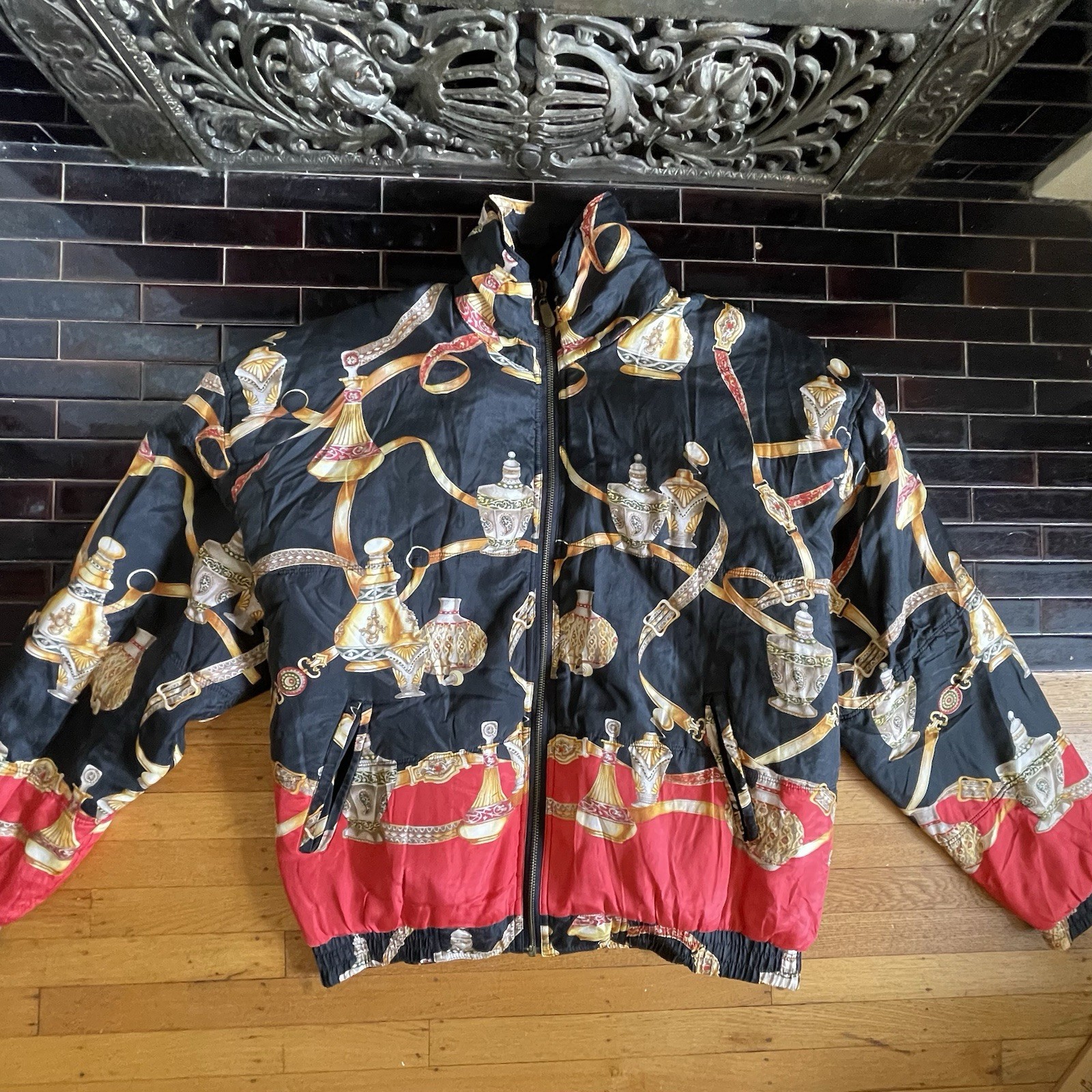 VTG 80s 90s FUDA International Silk Bomber Jacket Baroque Perfume Bottle Scarf L
