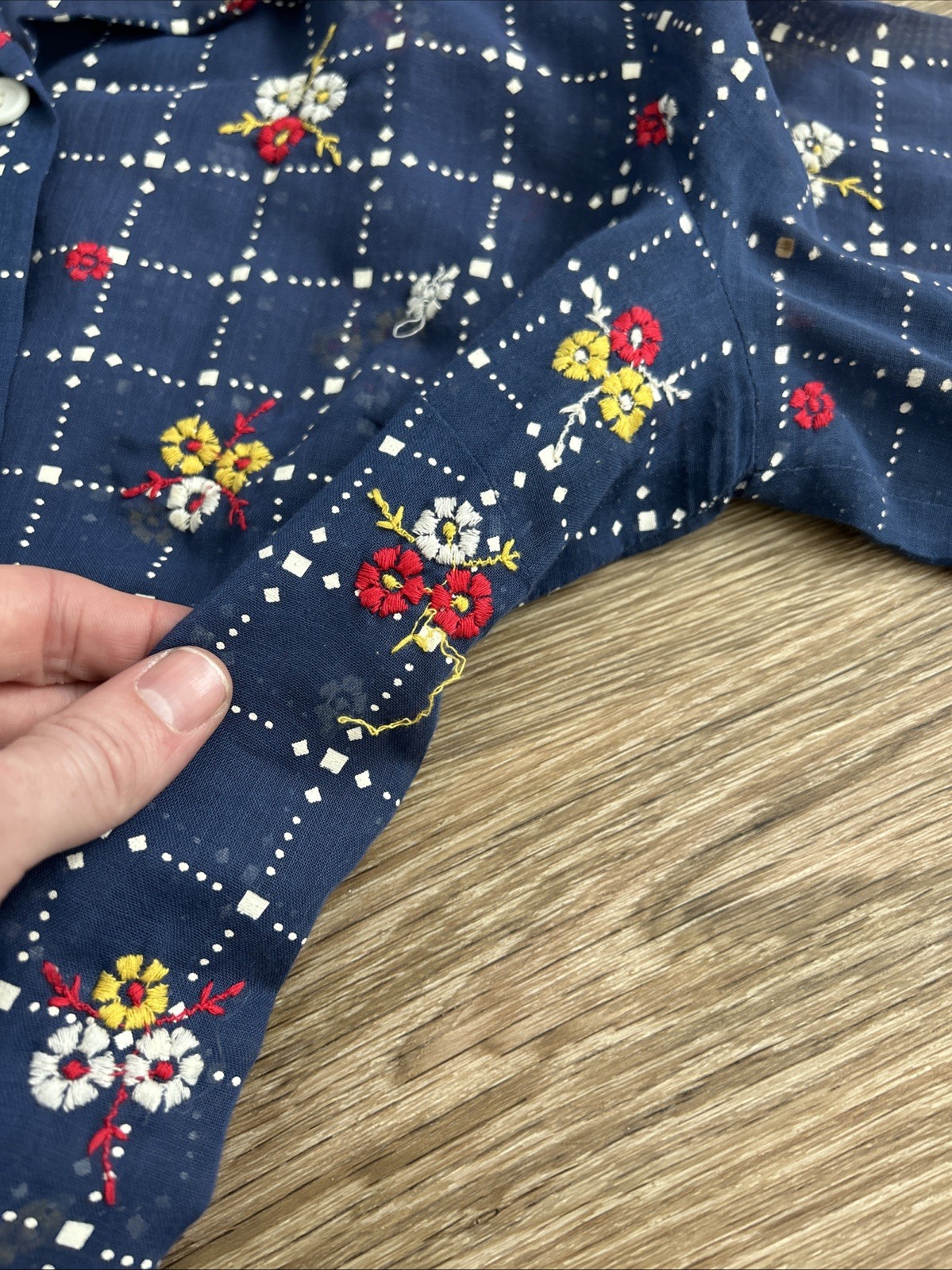 Vtg Womens JULIE MILLER California Blouse Hand Embroidered Sheer Shirt Navy Sz6