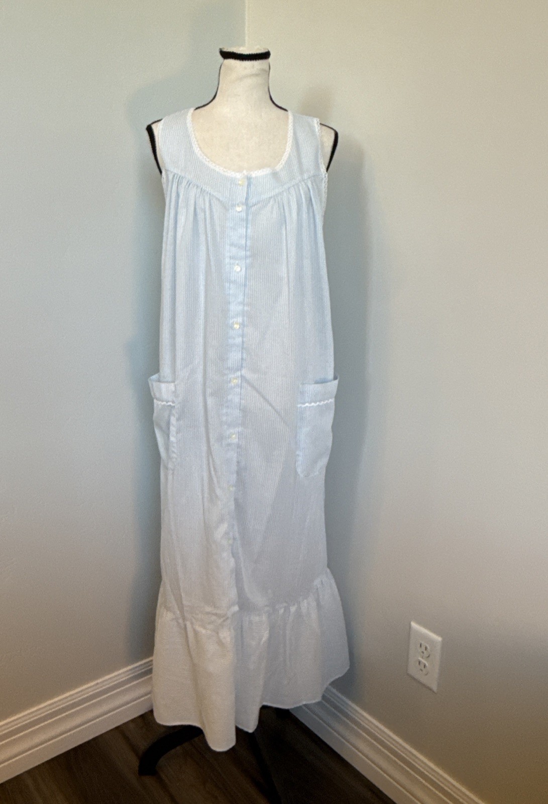 Vtg Barbizon Nightgown Women Small Blue Stripe Button Front Pockets House Dress