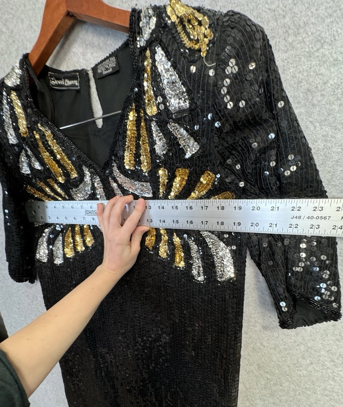 VTG 80s Jewel Queen Black Gold Sequin Beaded Silk Dress Art Deco Statement Piece