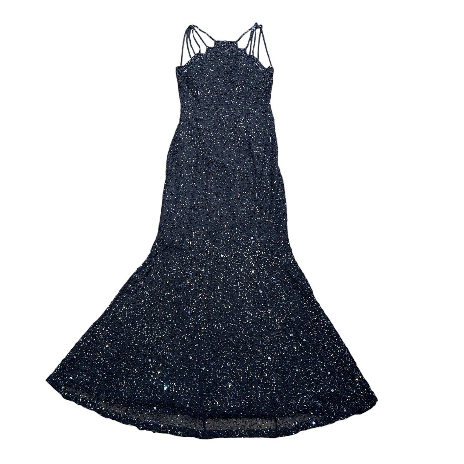 Vintage 80s-90s Andretta Donatello 100% Silk Fully Beaded Black Gown Dress Small