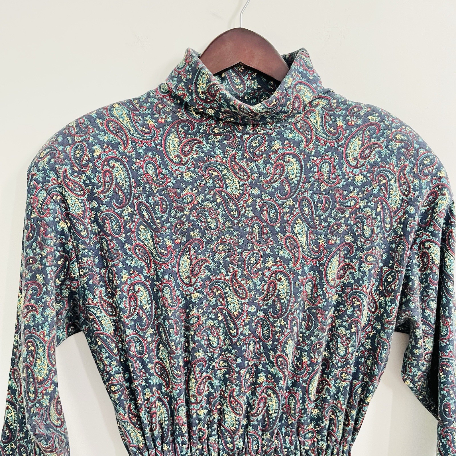 Vintage 90s Fads Paisley Turtleneck Long Sleeve Full Length Dress Blue Sz Large