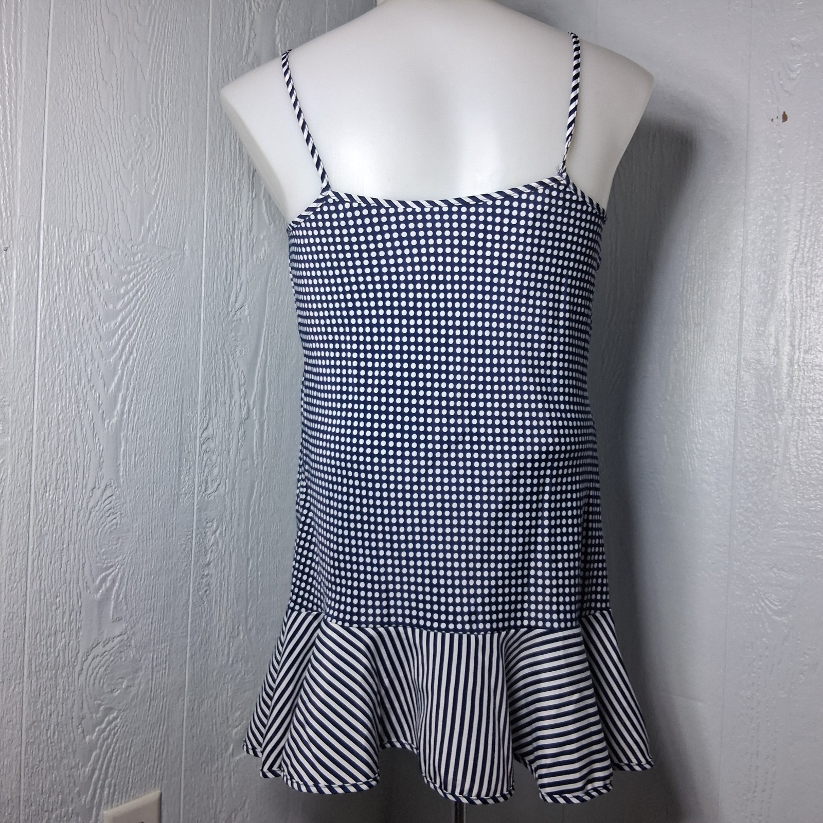 Vintage Polka Dot Nightgown Striped Ruffle Hem Flowy Lingerie Feminine Dainty M