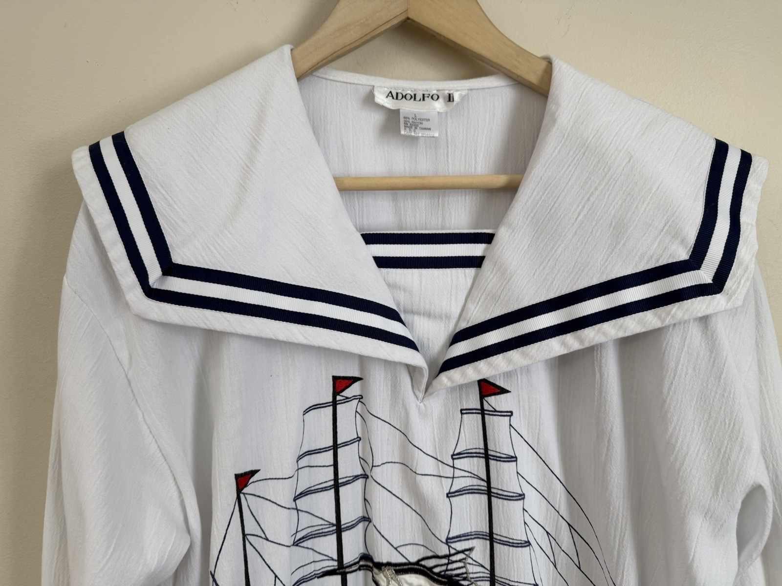 Vintage 80 Embroidered Adolfo Nautical Sailor Sail Boat Swordfish Marlin Top L