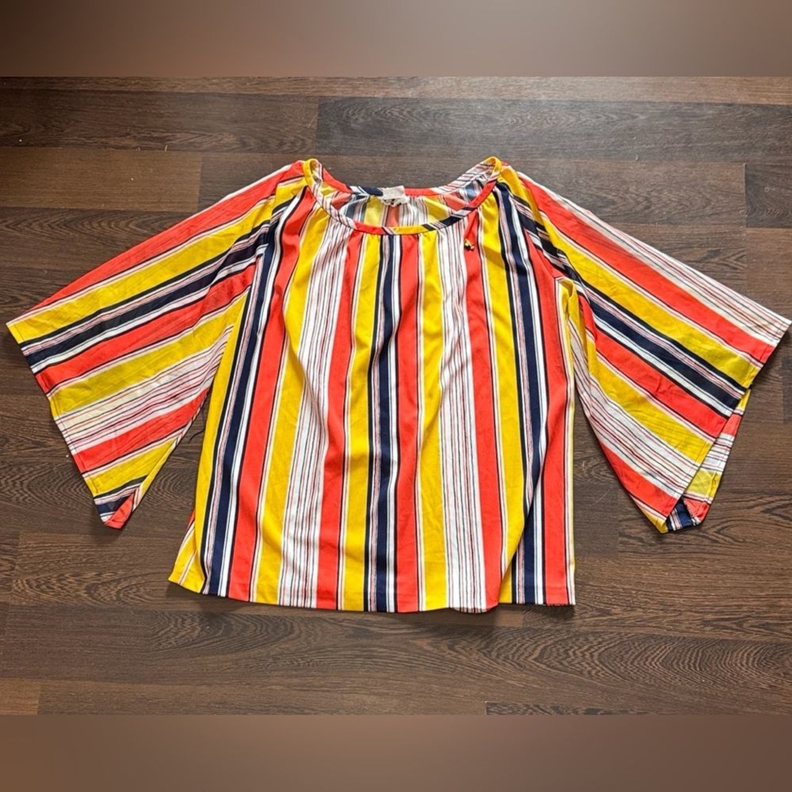 Vintage 1970s Marty Gutmacher Striped Boho Tunic Bell Sleeve Peasant Top Large