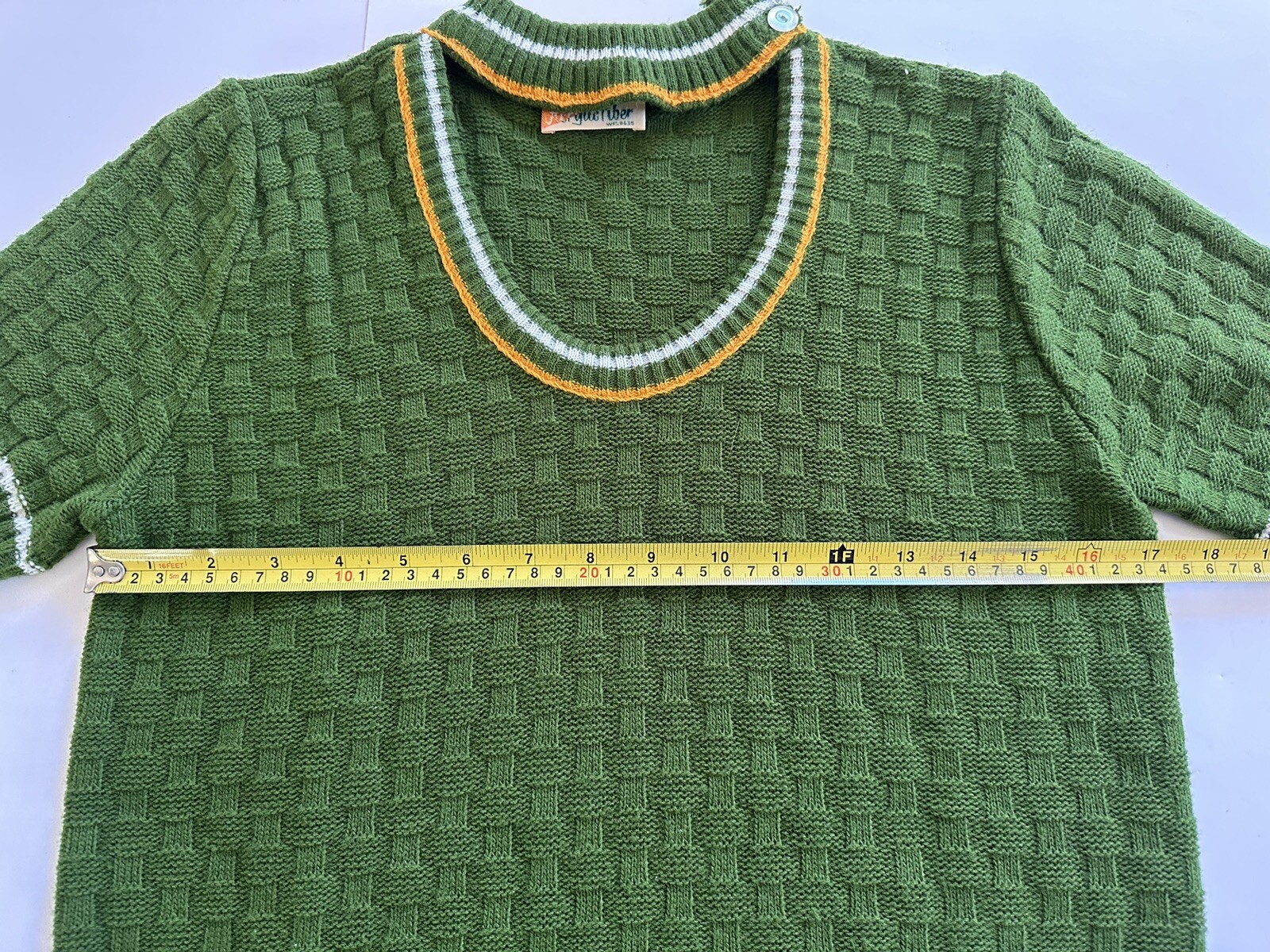 Vintage Banded Neck Acrylic Sweater Junior L 1960s 70s Scoop Green Basketweave