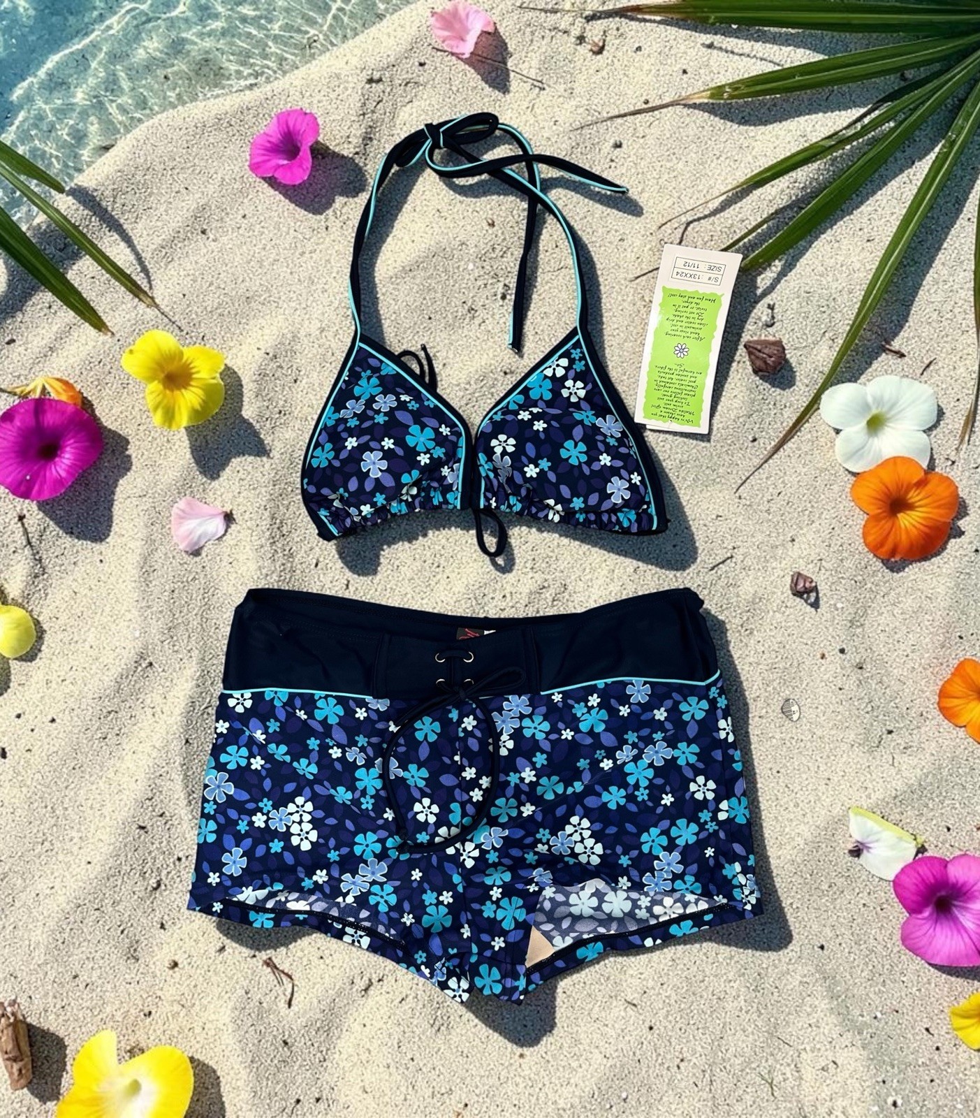 NWT Sears Bikini swimsuit blue floral SIZE 11/12 top and 13/14 bottoms/shorts