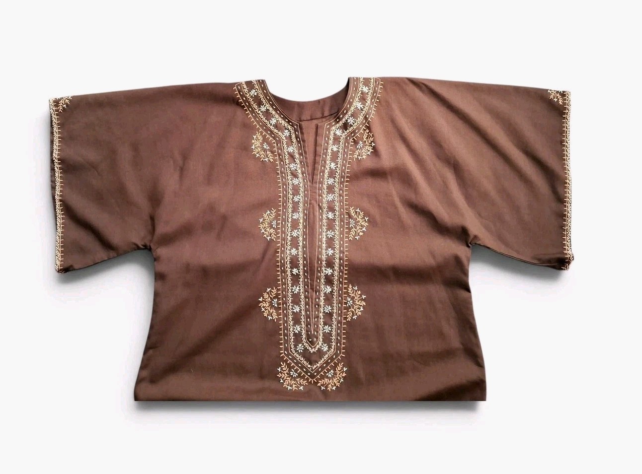 Vintage Brown Embroidered Kaftan Caftan Maxi Dress Boho Modest One Size Handmade