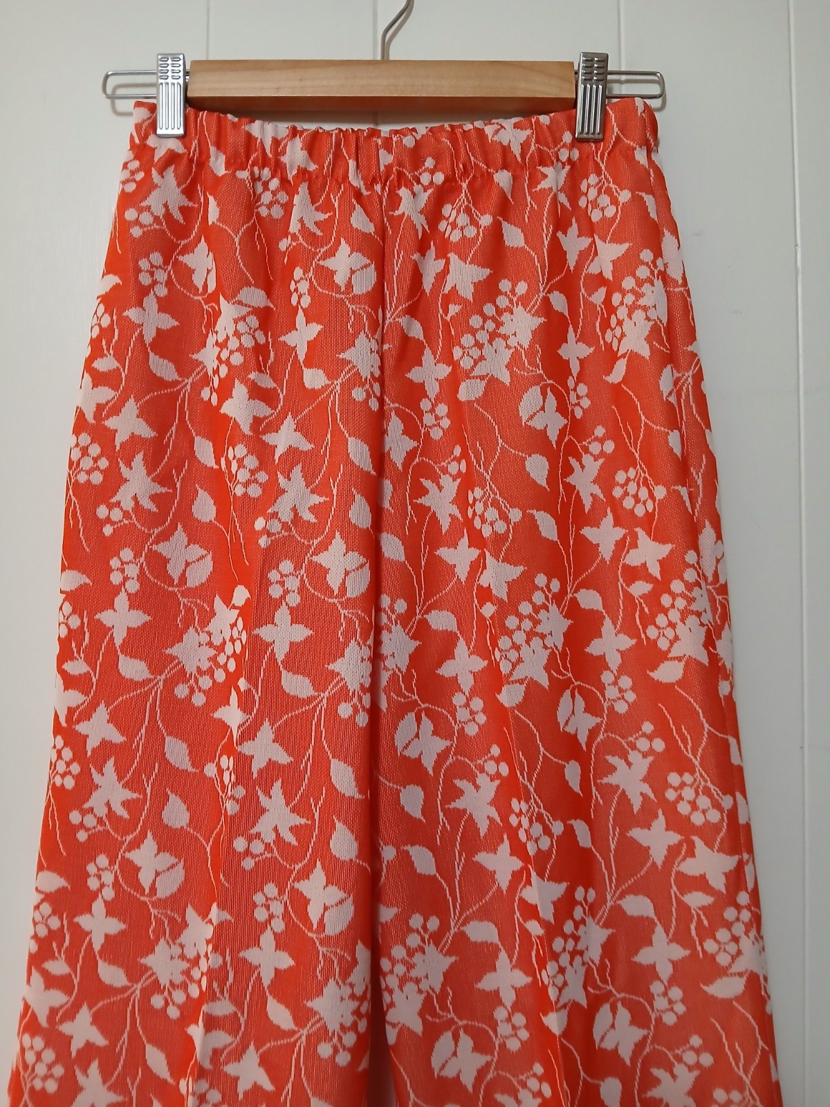 True Vintage 70s Wide Leg Pull On Pants Womens Floral Print Retro Orange