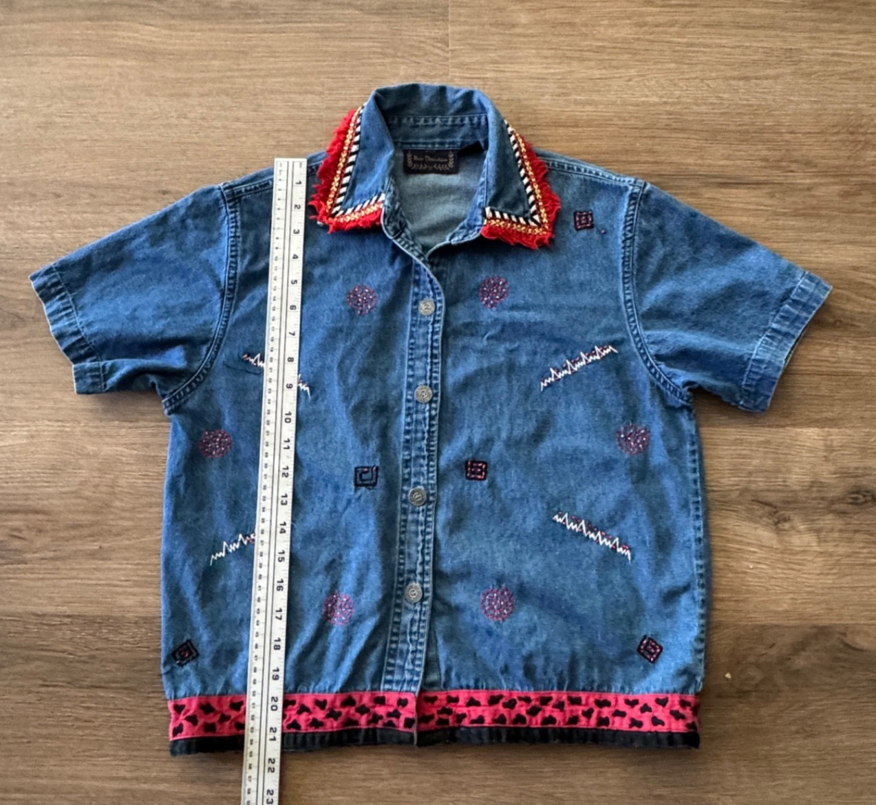 Vtg Y2K 90s Denim Shirt Women S Western Boho Southwestern Embroidery Fringe