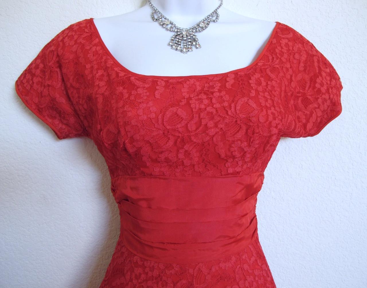 Vintage 50s Valentine Red Lace Party Dress XXS Full Skirt Bustle Back Wasp Waist