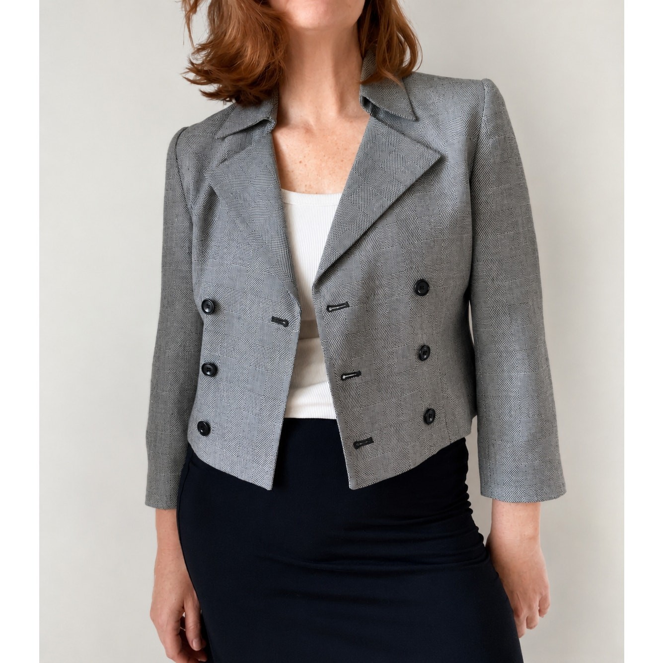 Vtg Cropped Blazers Black/White Herringbone Check Size 2P Double Breasted