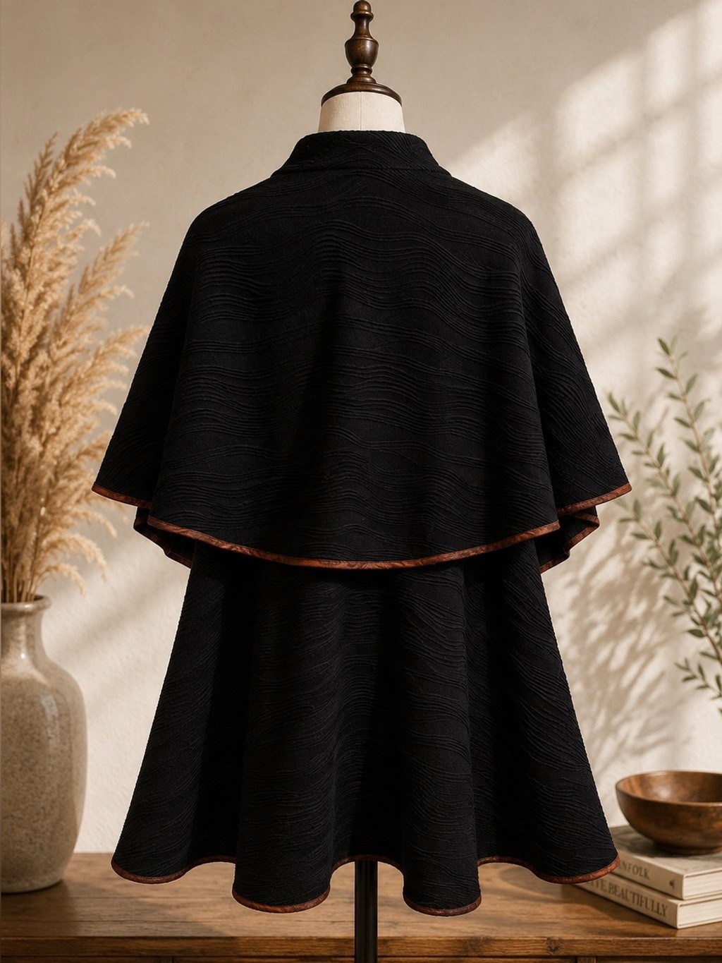 Vintage Song & Sung Black Textured Cape Jacket Button Closure Made USA Small