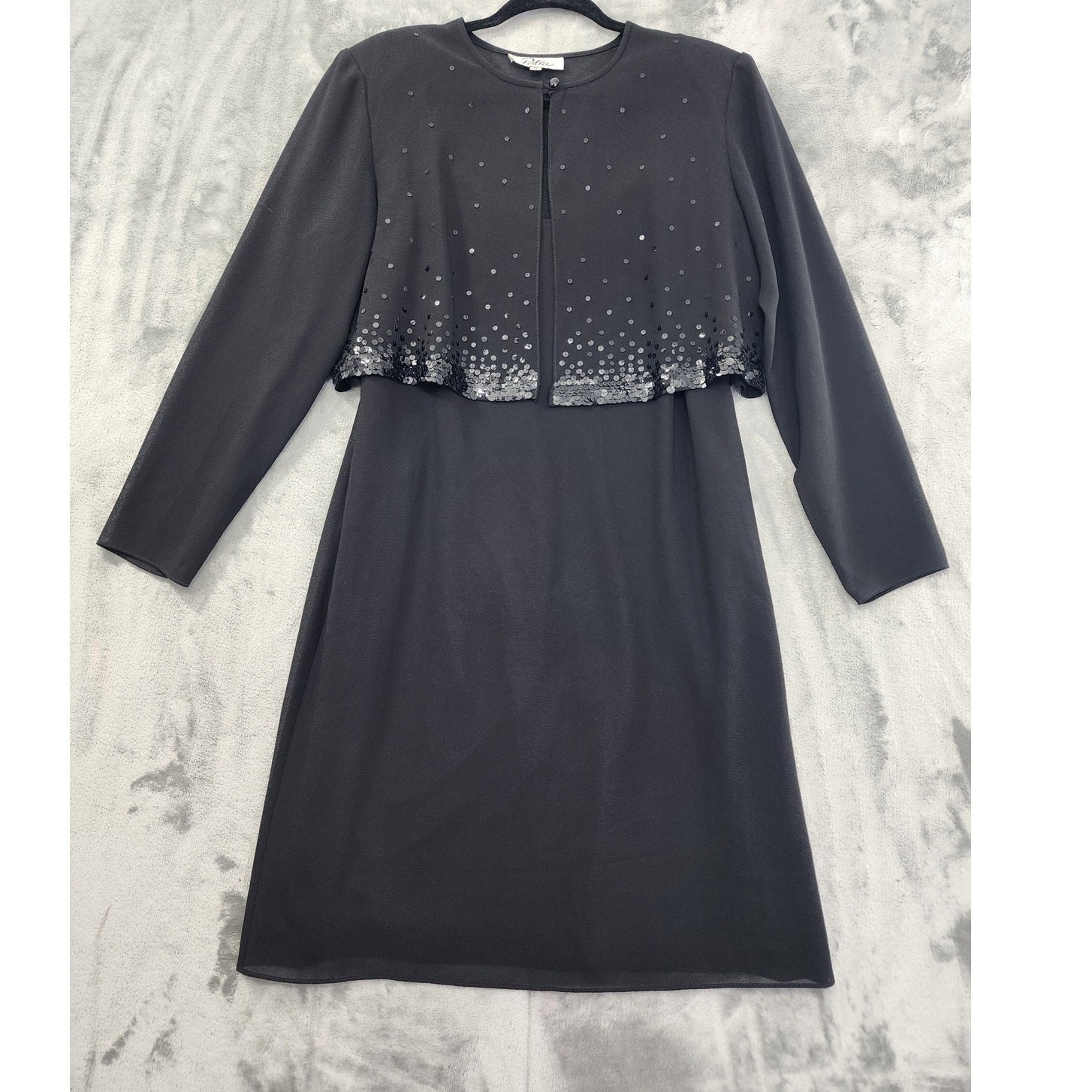 Vintage 90s Patra Chiffon Slip Dress Sheer Sequin Crop Jacket Set Size 12 Black