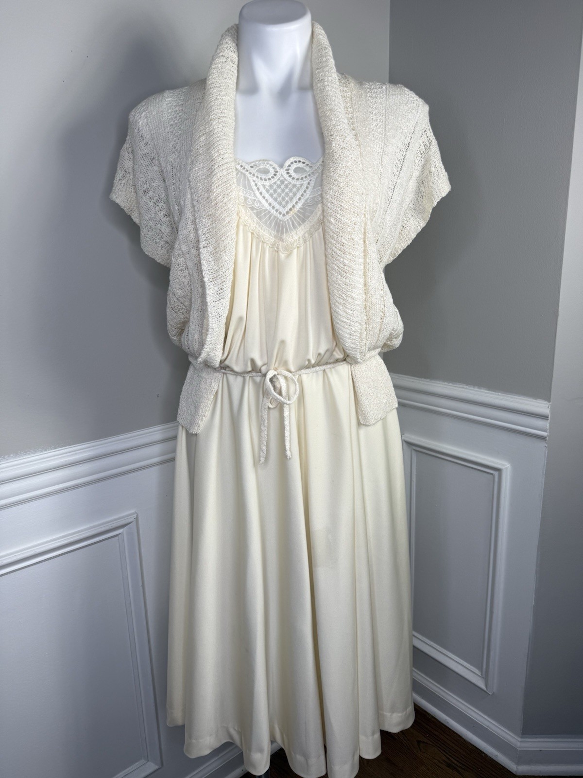 Vintage 70s Ivory MAXI Poly Knit Tank Dress W/ Lace Crochet Ribbed Jacket K